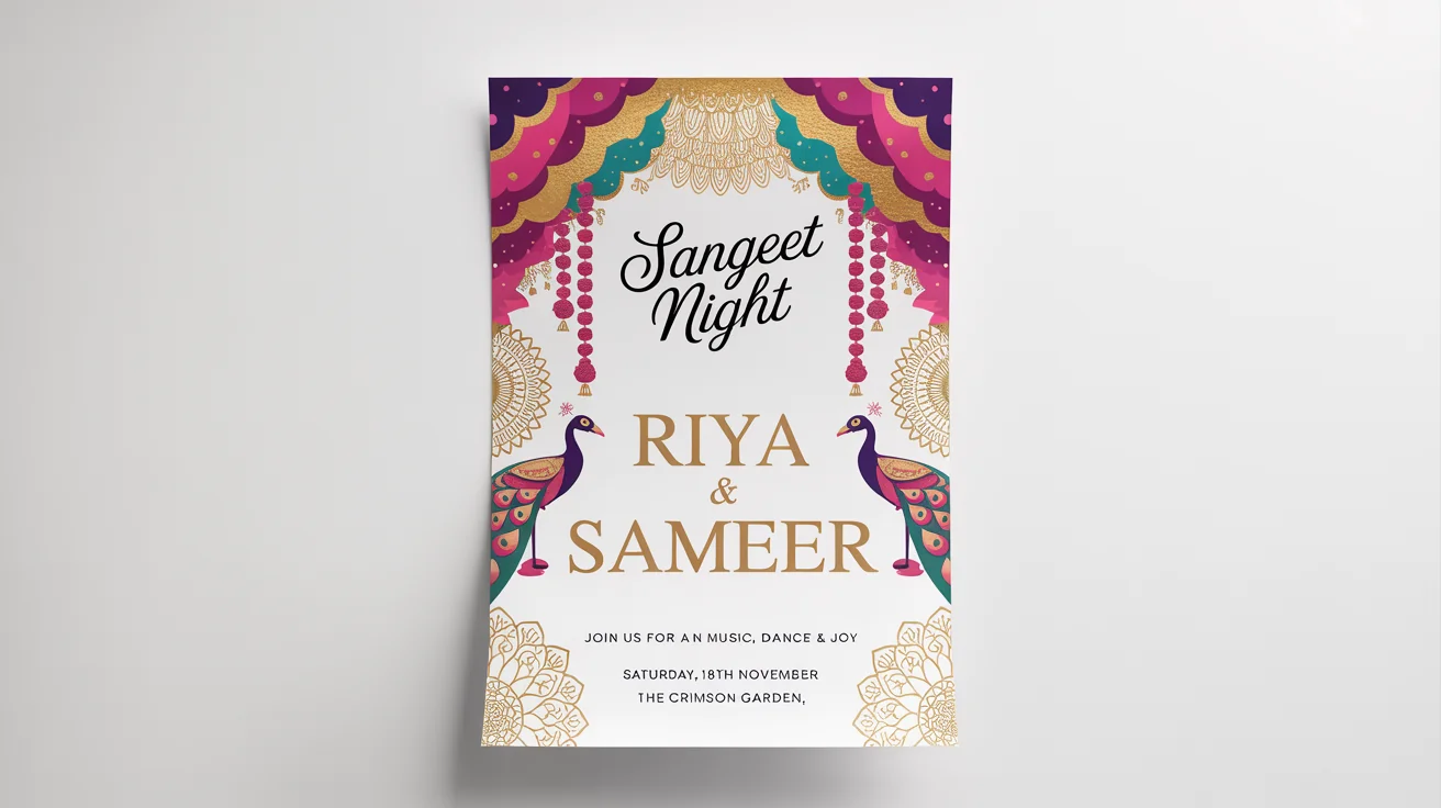 A vibrant and ornate Sangeet poster mockup for 'Riya & Sameer', featuring traditional Indian motifs like peacocks and mandalas in magenta, purple, and gold on a white background.