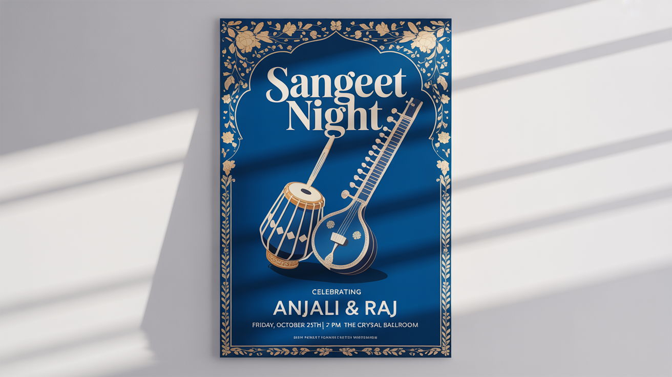 A mockup of a Sangeet poster against a white background. The poster is royal blue with gold text that reads 'Sangeet Night' and 'Celebrating Anjali & Raj', and features illustrations of Indian musical instruments.