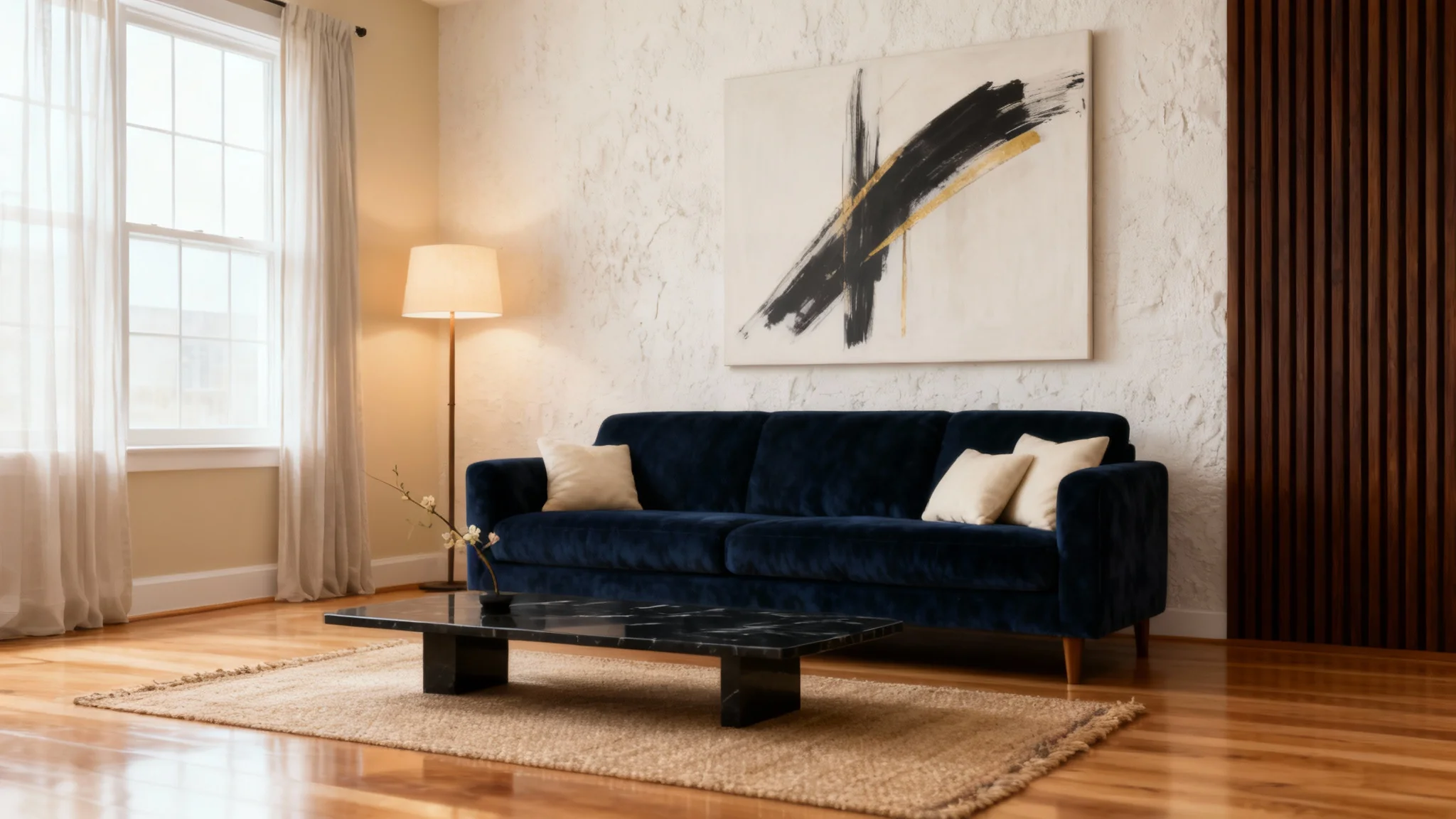 A stunning, professionally designed modern living room representing the final output of a room design tool, featuring a navy blue sofa, a dark wood accent wall, and a minimalist black marble coffee table in a sunlit space.