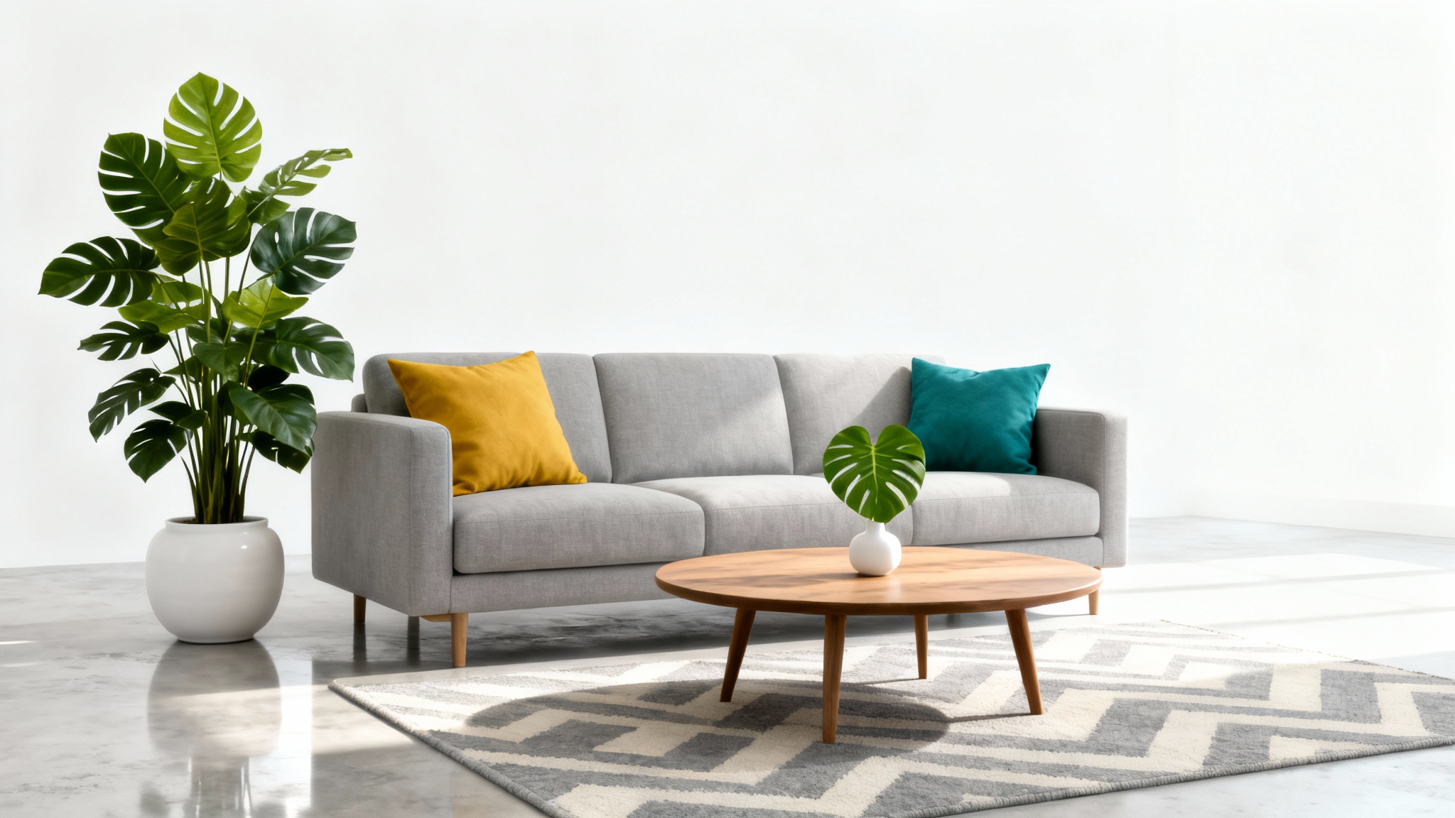 A photorealistic mockup of a modern living room scene on a white background, featuring a gray sofa, a round wooden coffee table, and a large potted plant.