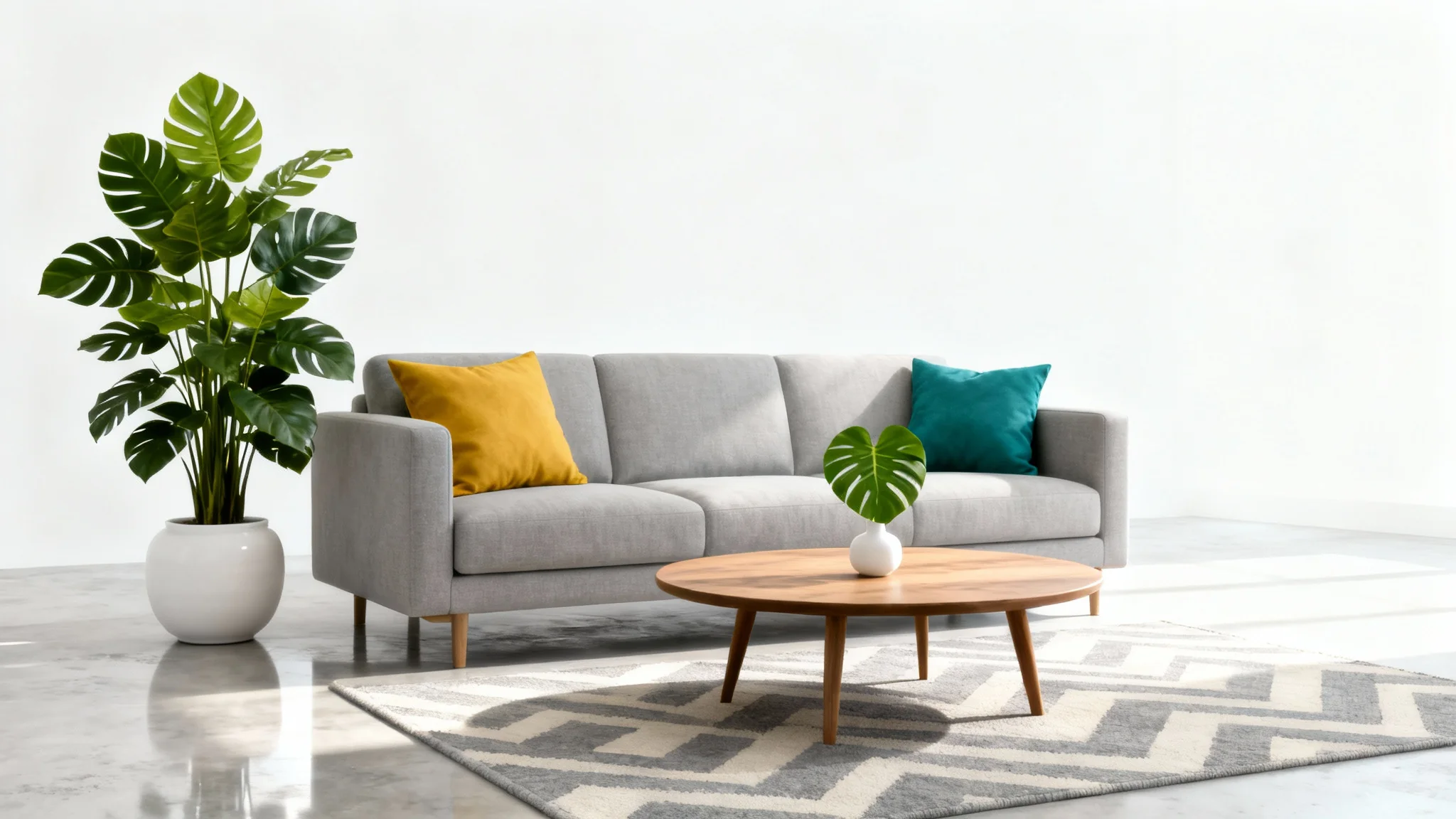 A photorealistic mockup of a modern living room scene on a white background, featuring a gray sofa, a round wooden coffee table, and a large potted plant.