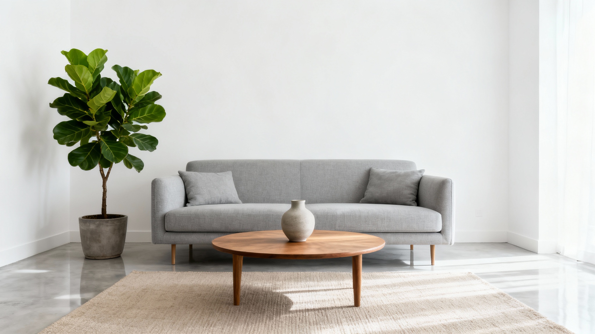 A photorealistic mockup of a modern minimalist living room featuring a light gray sofa, an oak coffee table, and a large potted plant against a clean white wall, creating a serene and airy atmosphere.