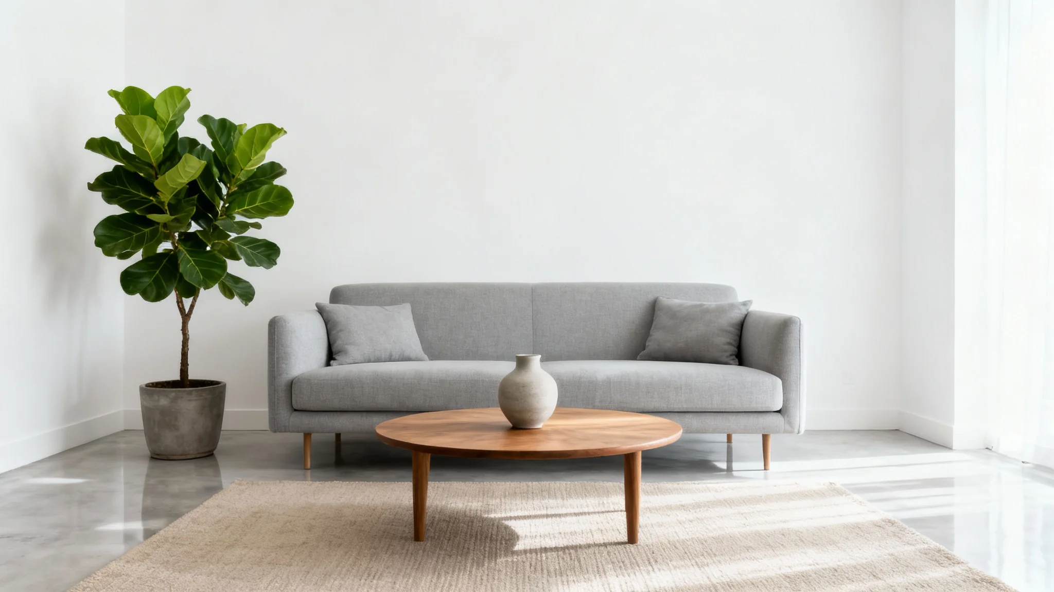A photorealistic mockup of a modern minimalist living room featuring a light gray sofa, an oak coffee table, and a large potted plant against a clean white wall, creating a serene and airy atmosphere.