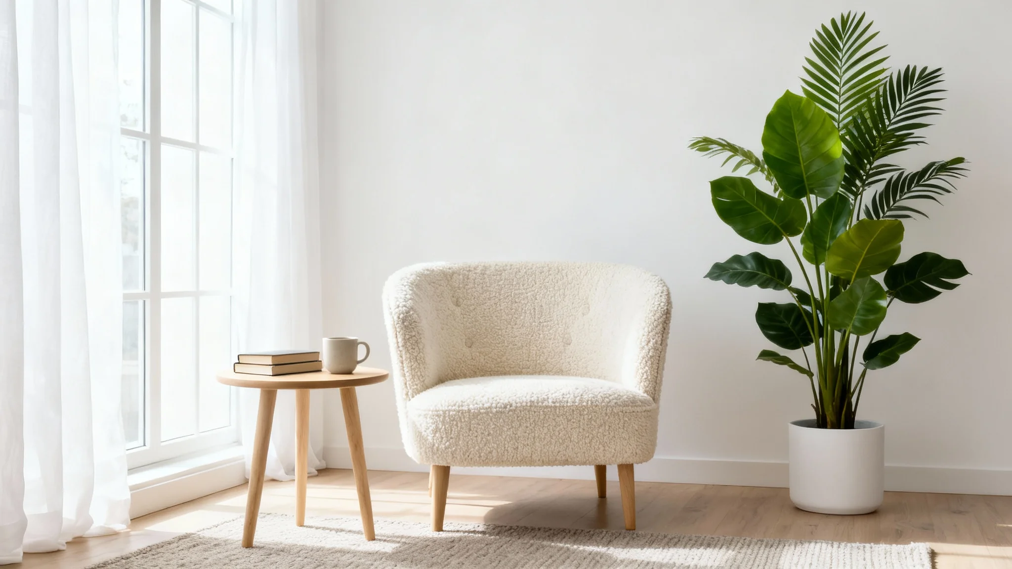 A beautifully designed modern living room corner, featuring a comfortable armchair, a side table with books, and a large indoor plant, all bathed in natural light.