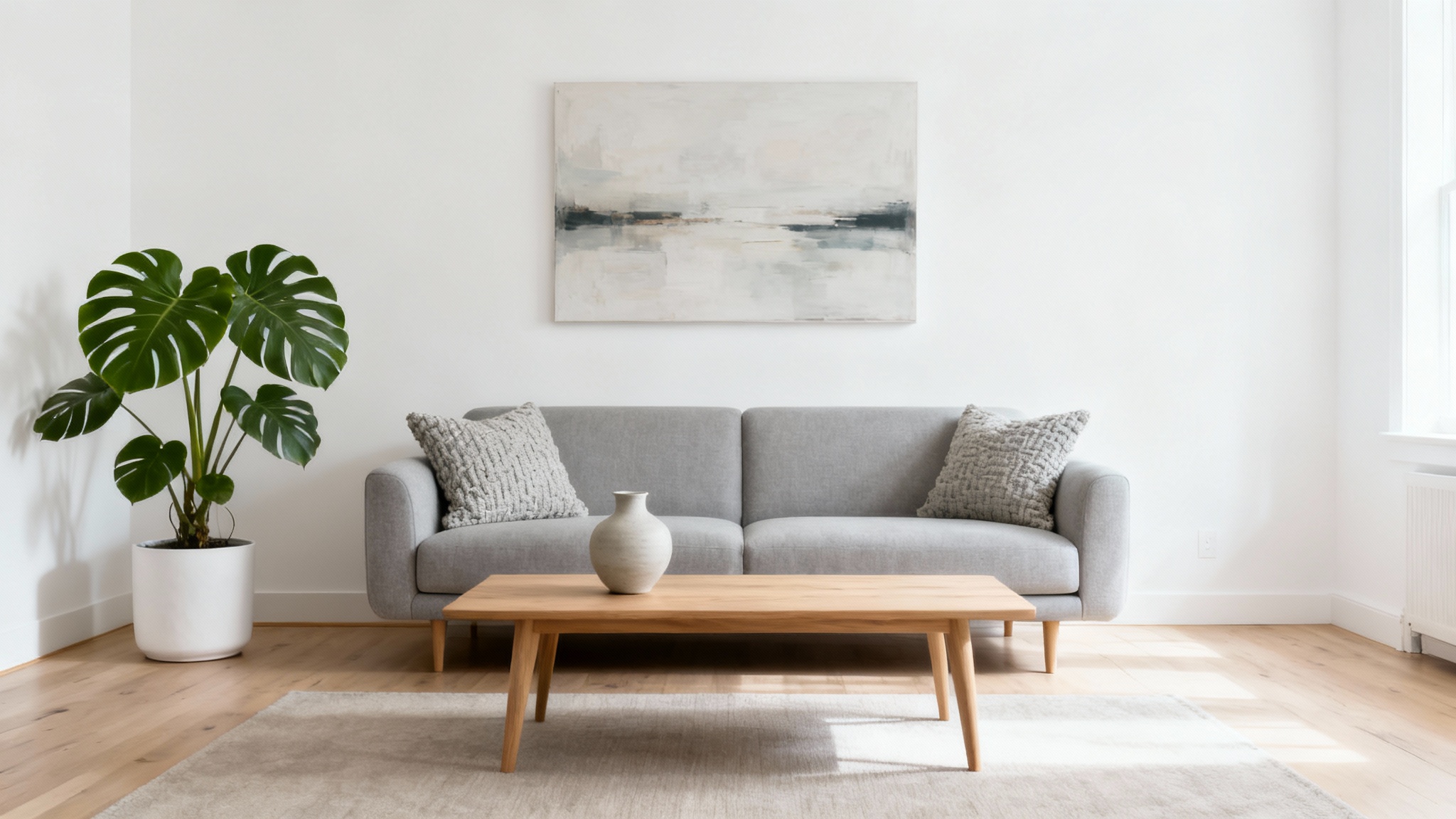 A bright, modern living room with minimalist furniture, including a grey sofa and a wooden coffee table, decorated with a large house plant and abstract art.