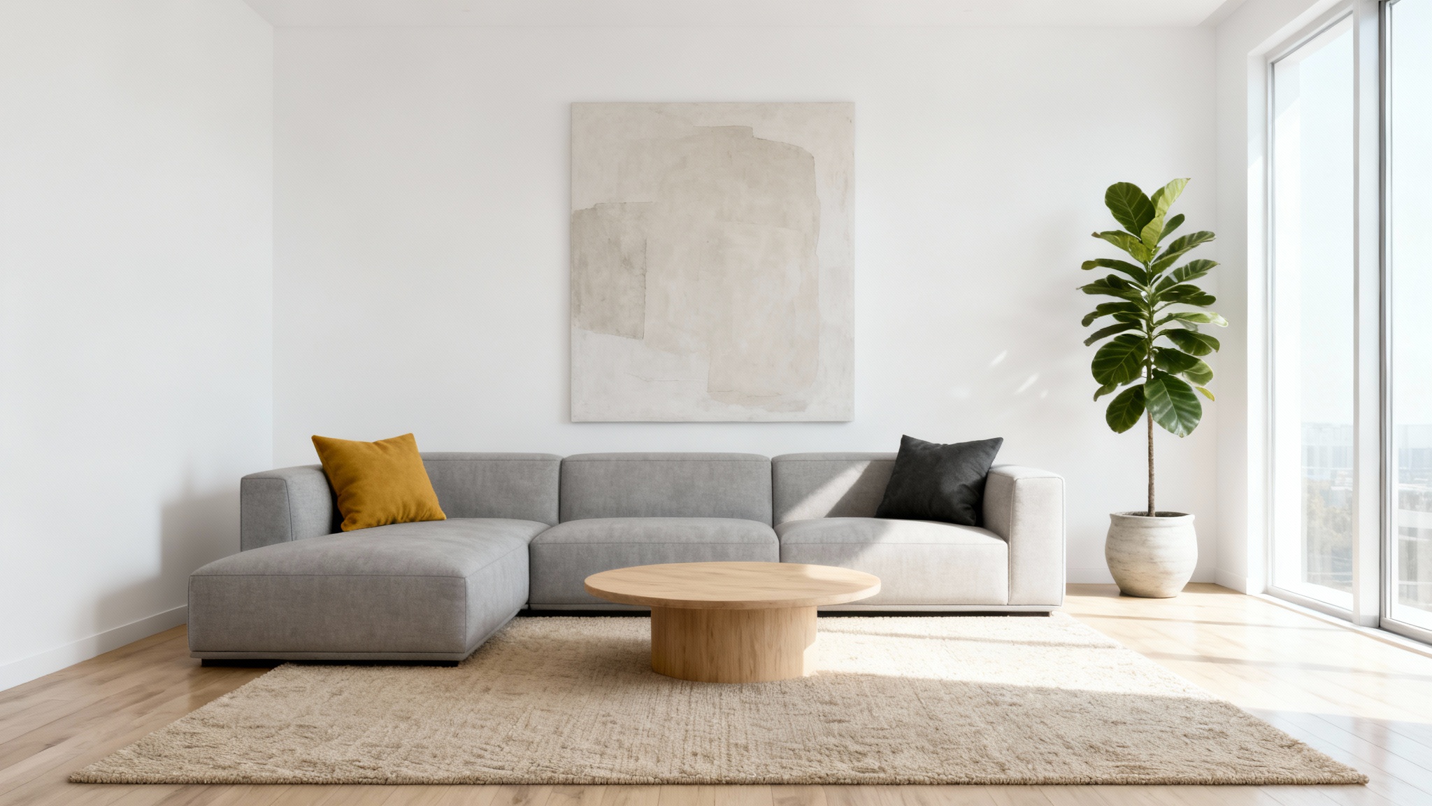 A modern and bright living room with a gray sectional sofa, a light oak coffee table, a large window, and a potted fiddle-leaf fig plant, designed in a clean, minimalist style.