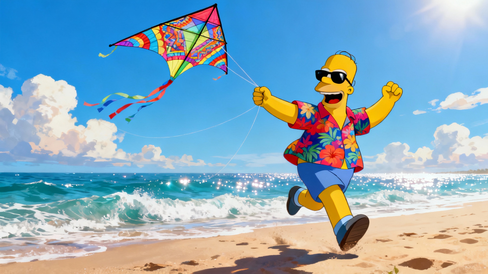 A highly detailed digital painting of Homer Simpson on a sunny beach, wearing a Hawaiian shirt and joyfully flying a colorful kite in a 16:9 aspect ratio.