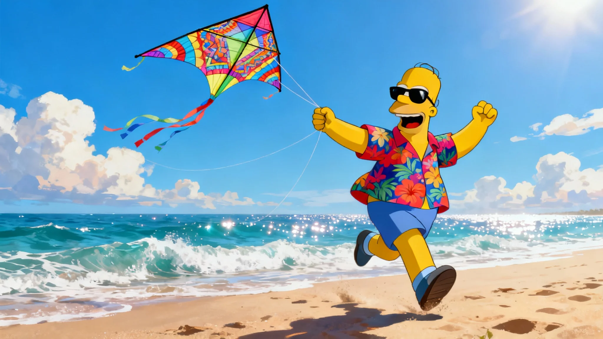 A highly detailed digital painting of Homer Simpson on a sunny beach, wearing a Hawaiian shirt and joyfully flying a colorful kite in a 16:9 aspect ratio.