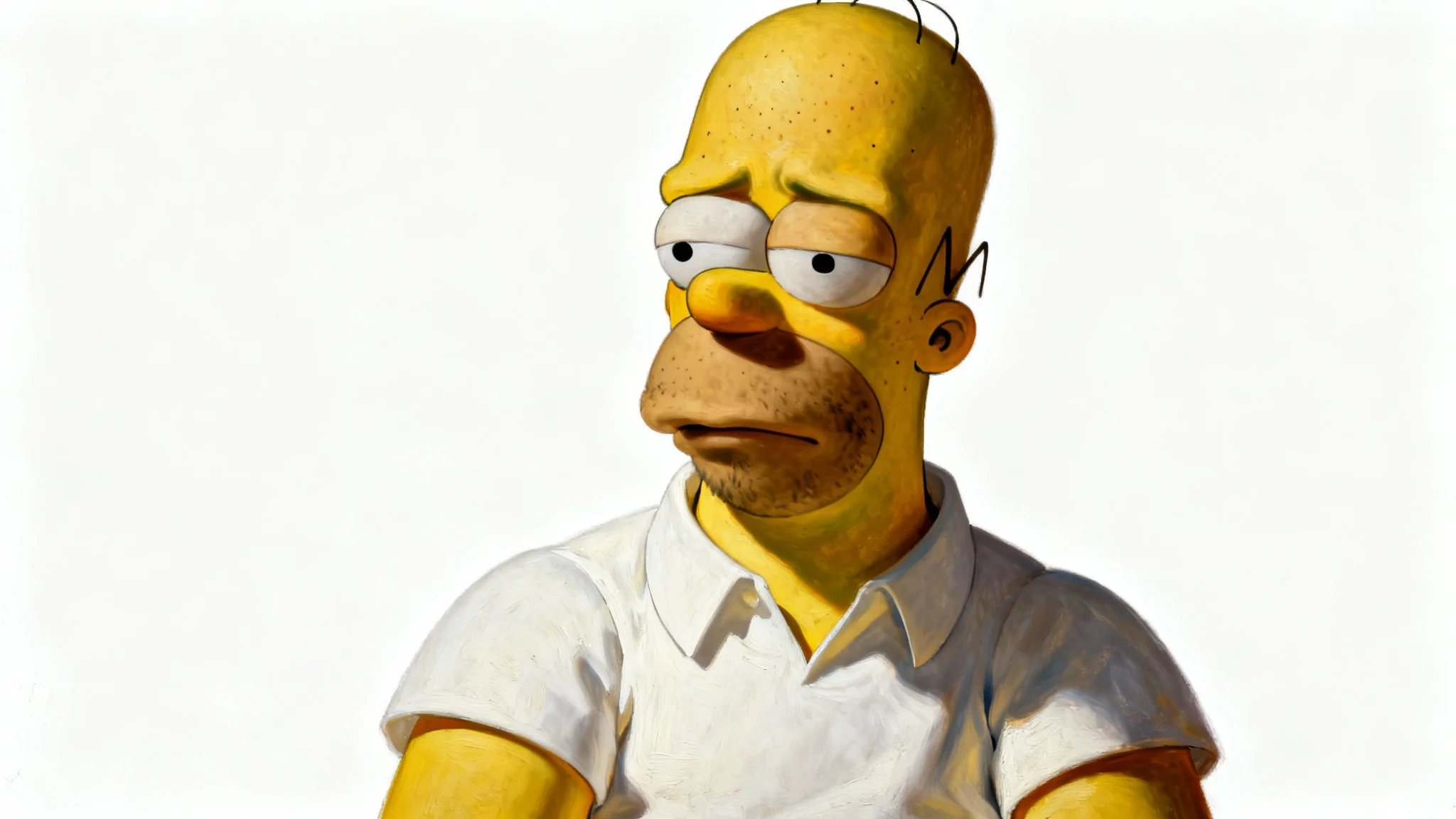 A highly detailed, realistic fan art portrait of Homer Simpson looking thoughtful and serious, with dramatic lighting, against a clean white background.