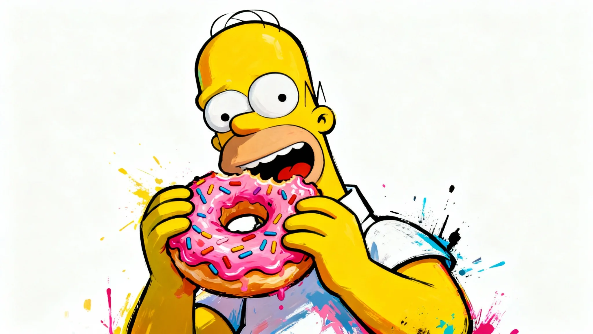 A vibrant piece of fan art showing Homer Simpson joyfully eating a giant pink donut, created in a pop art and graffiti style against a white background.
