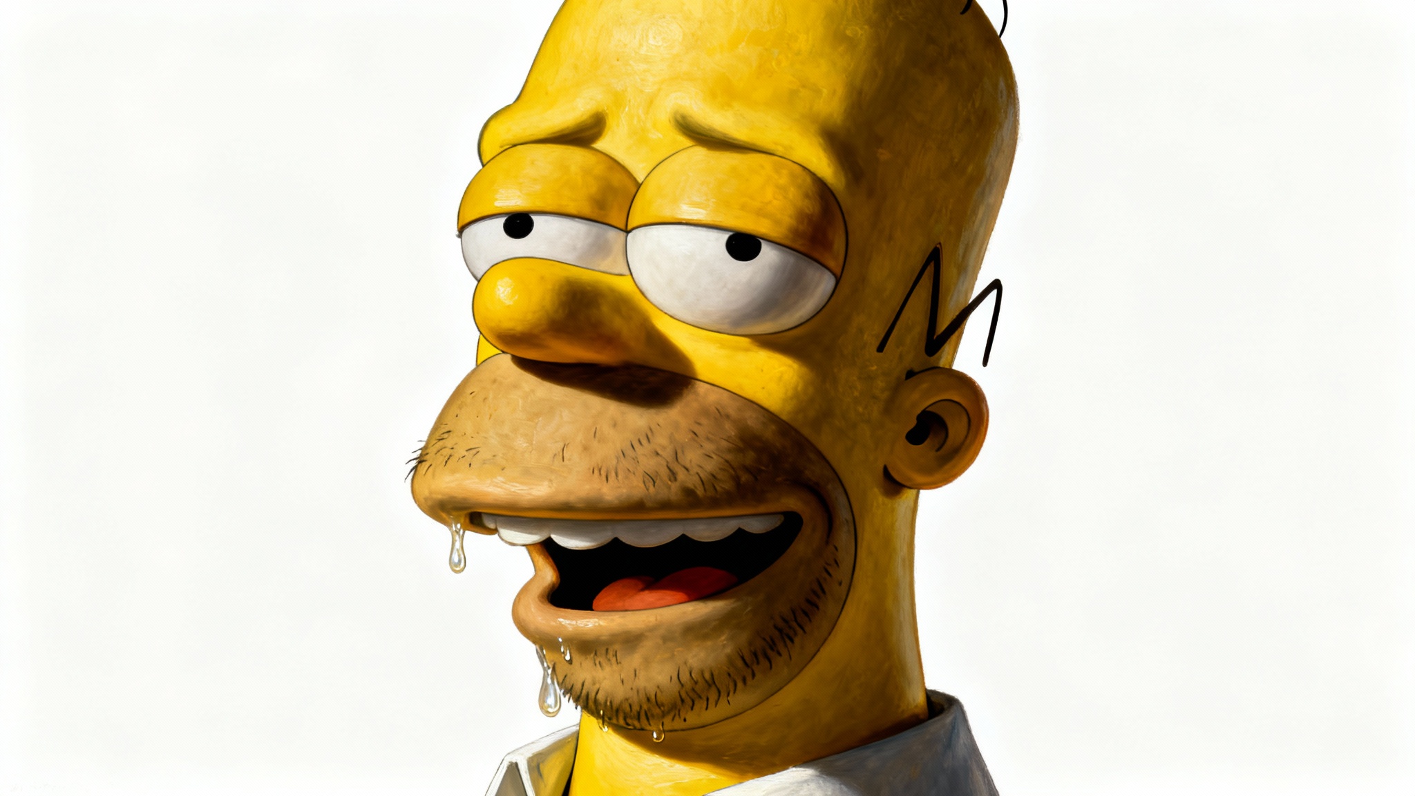 A hyper-realistic fan art portrait of Homer Simpson with a happy, dazed expression, set against a clean white background with dramatic lighting.