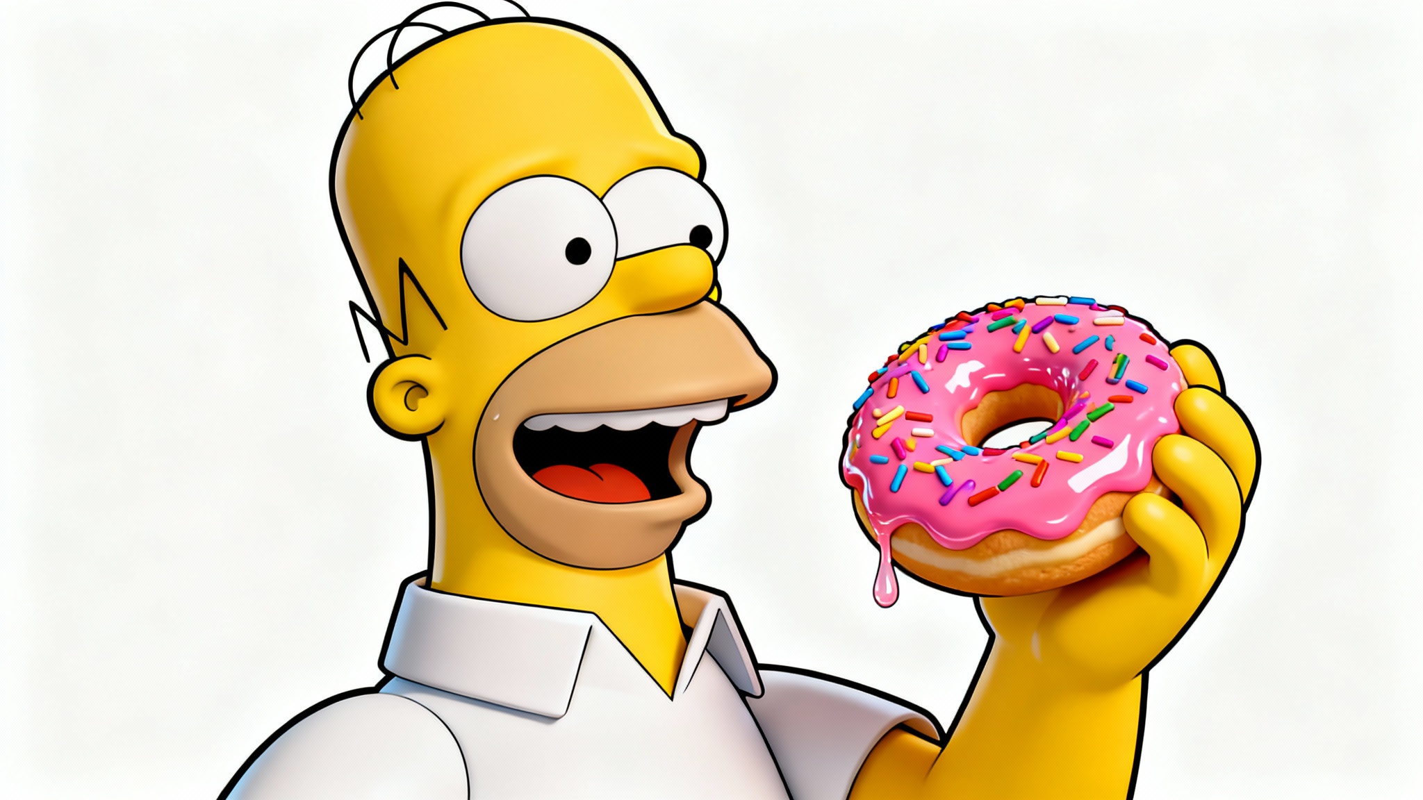 A colorful pop art style fan illustration of Homer Simpson looking ecstatically at a pink donut with sprinkles, set against a plain white background.