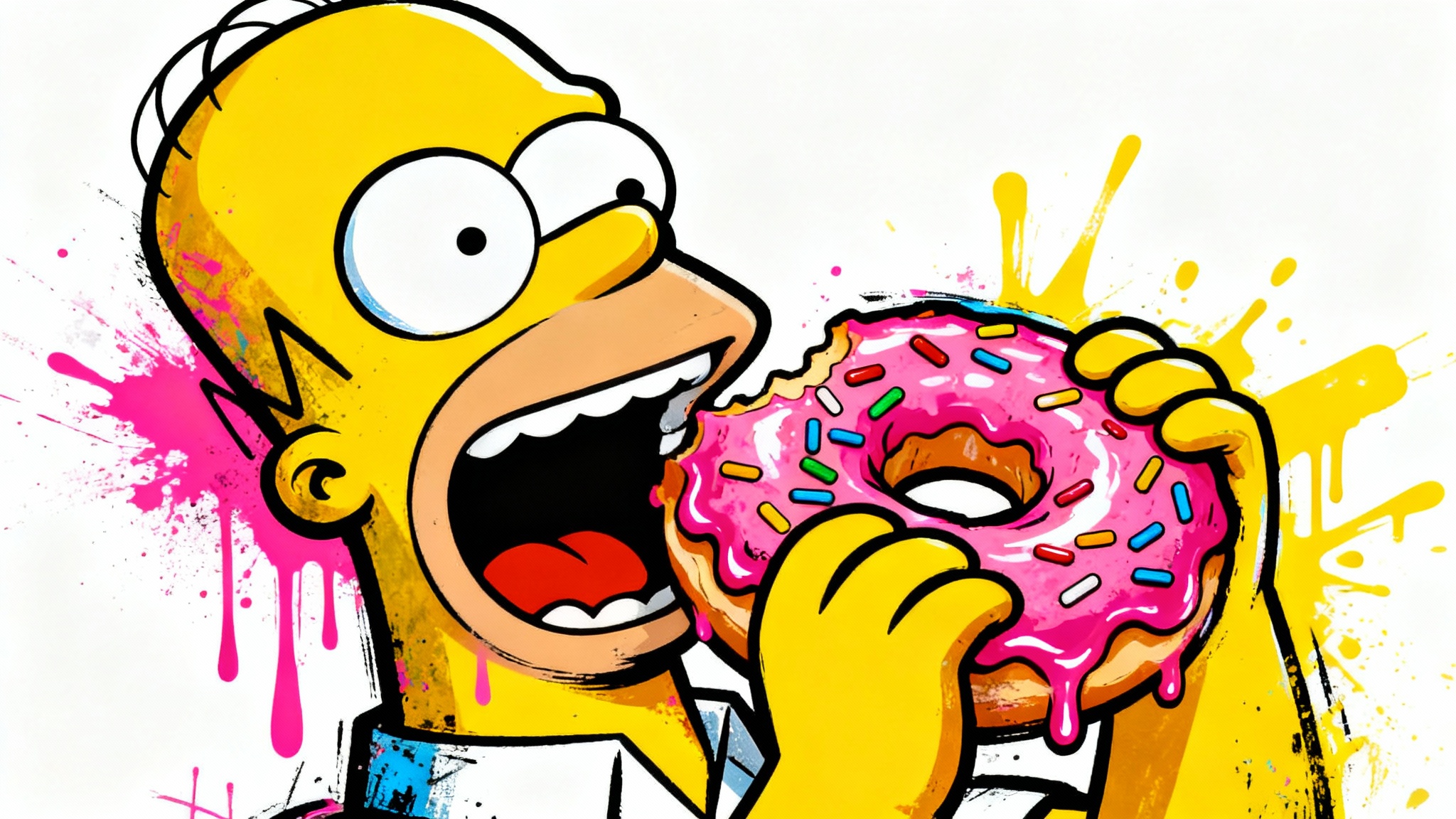 A vibrant pop art graffiti illustration of Homer Simpson ecstatically eating a large pink frosted donut with sprinkles, isolated on a clean white background.