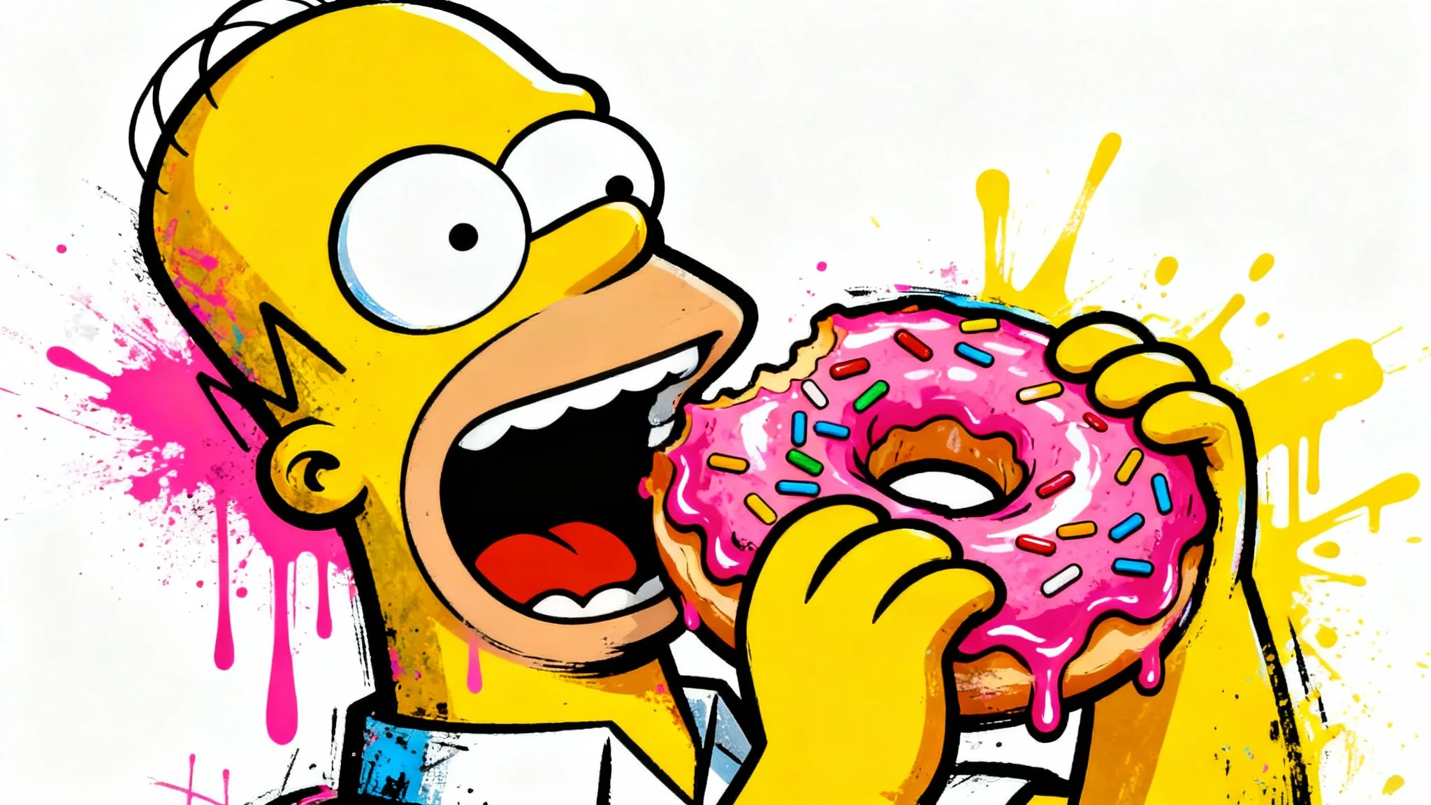 A vibrant pop art graffiti illustration of Homer Simpson ecstatically eating a large pink frosted donut with sprinkles, isolated on a clean white background.