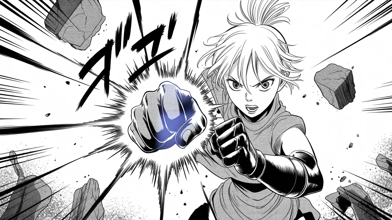 A dramatic black and white manga panel showing a female warrior's powerful energy punch, with Japanese sound effects and dynamic action lines, in a professional shonen style.