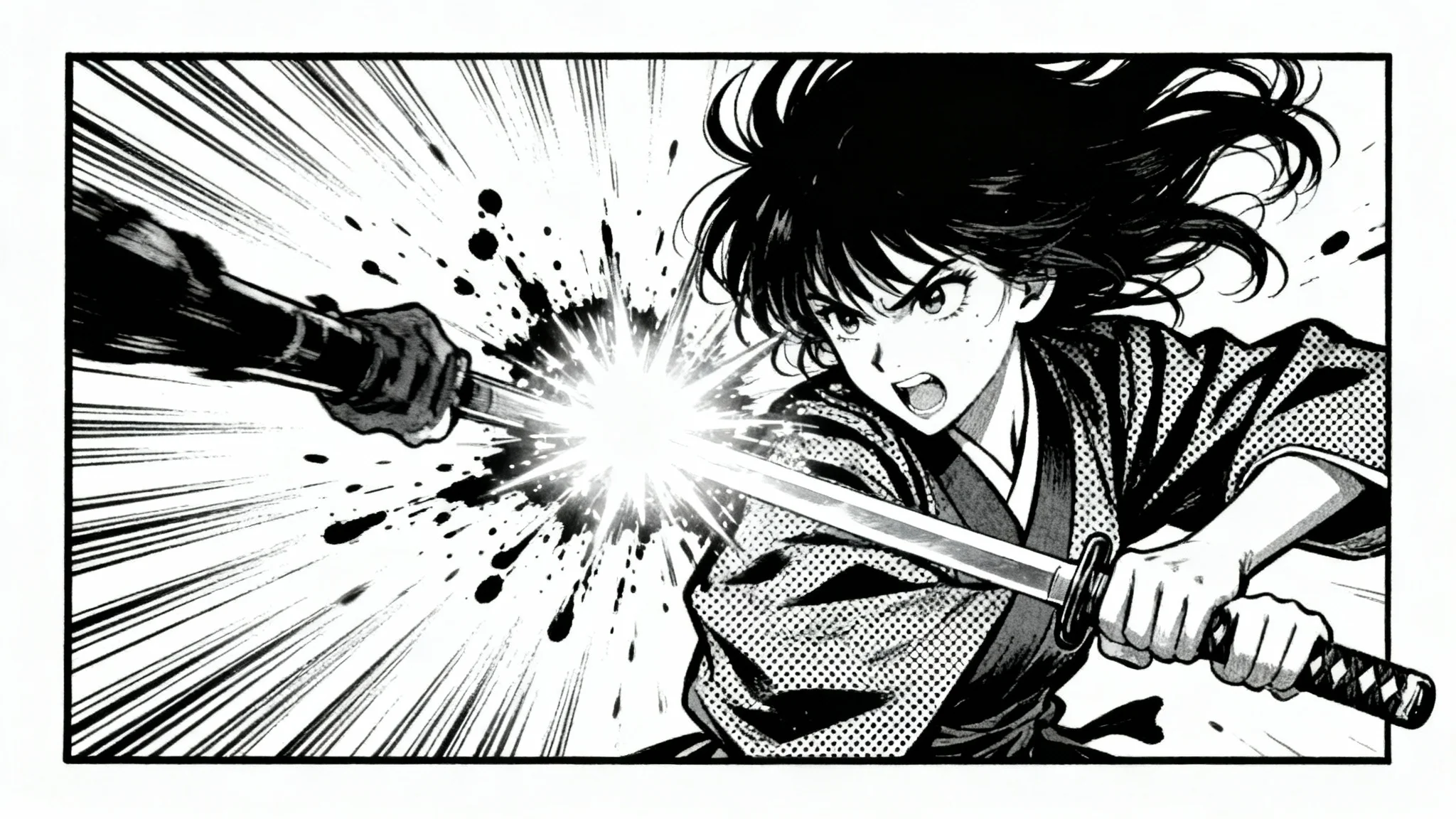 A dramatic black and white manga panel showing a fierce female samurai in mid-battle, her katana clashing with an enemy's weapon, set against a white background.