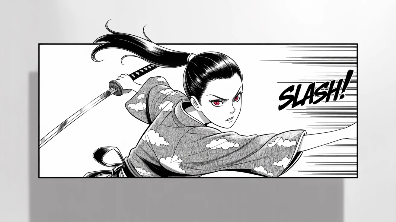 A dynamic black and white manga panel of a female samurai warrior mid-lunge with her katana, featuring classic manga art style, speed lines, and the sound effect 'SLASH!'.