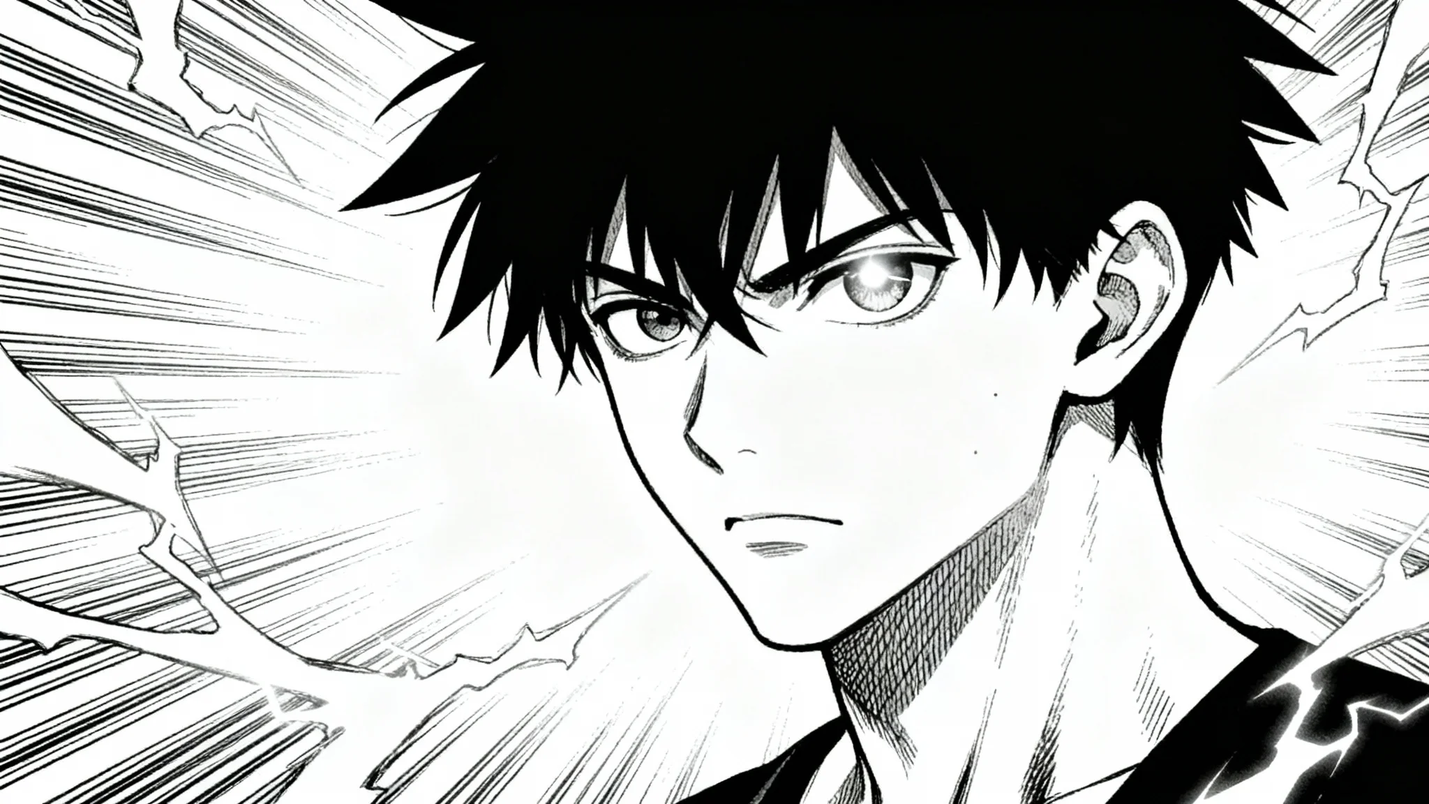 A dramatic black and white manga panel in the shonen style, showing a close-up of a male hero with glowing eyes and intense energy effects in the background.