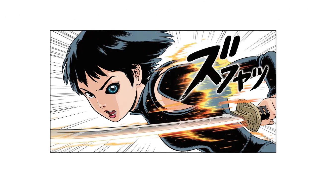 A black and white manga panel showing a female cyborg warrior lunging with a glowing sword, with Japanese sound effects in the background. The panel is on a white background.