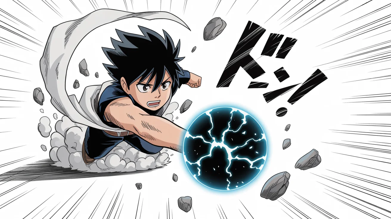 A black and white manga panel showing a shonen hero creating an energy blast, with Japanese sound effects.