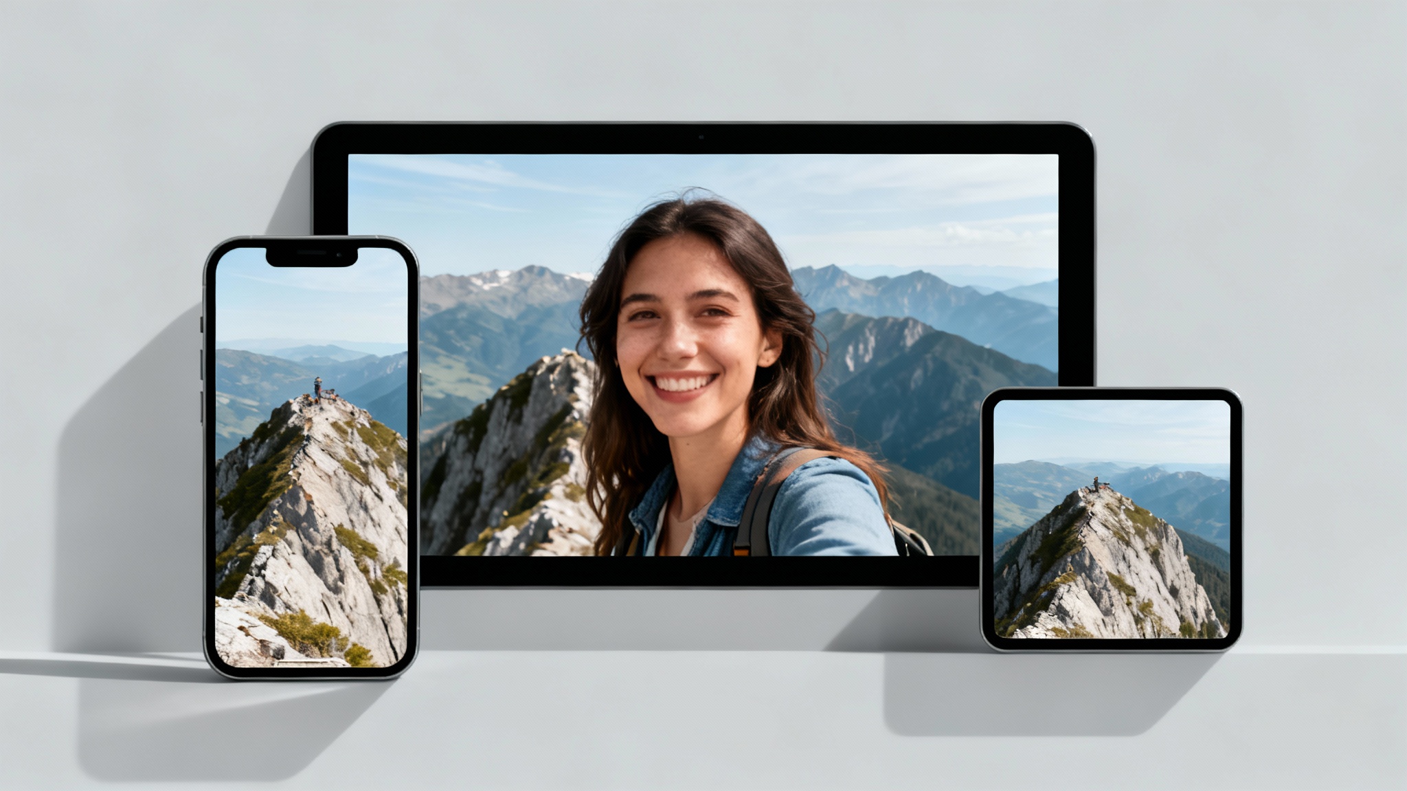 A collage showing the same video of a woman on a mountain displayed in different video formats: widescreen, vertical, and square, representing a video resizer tool.