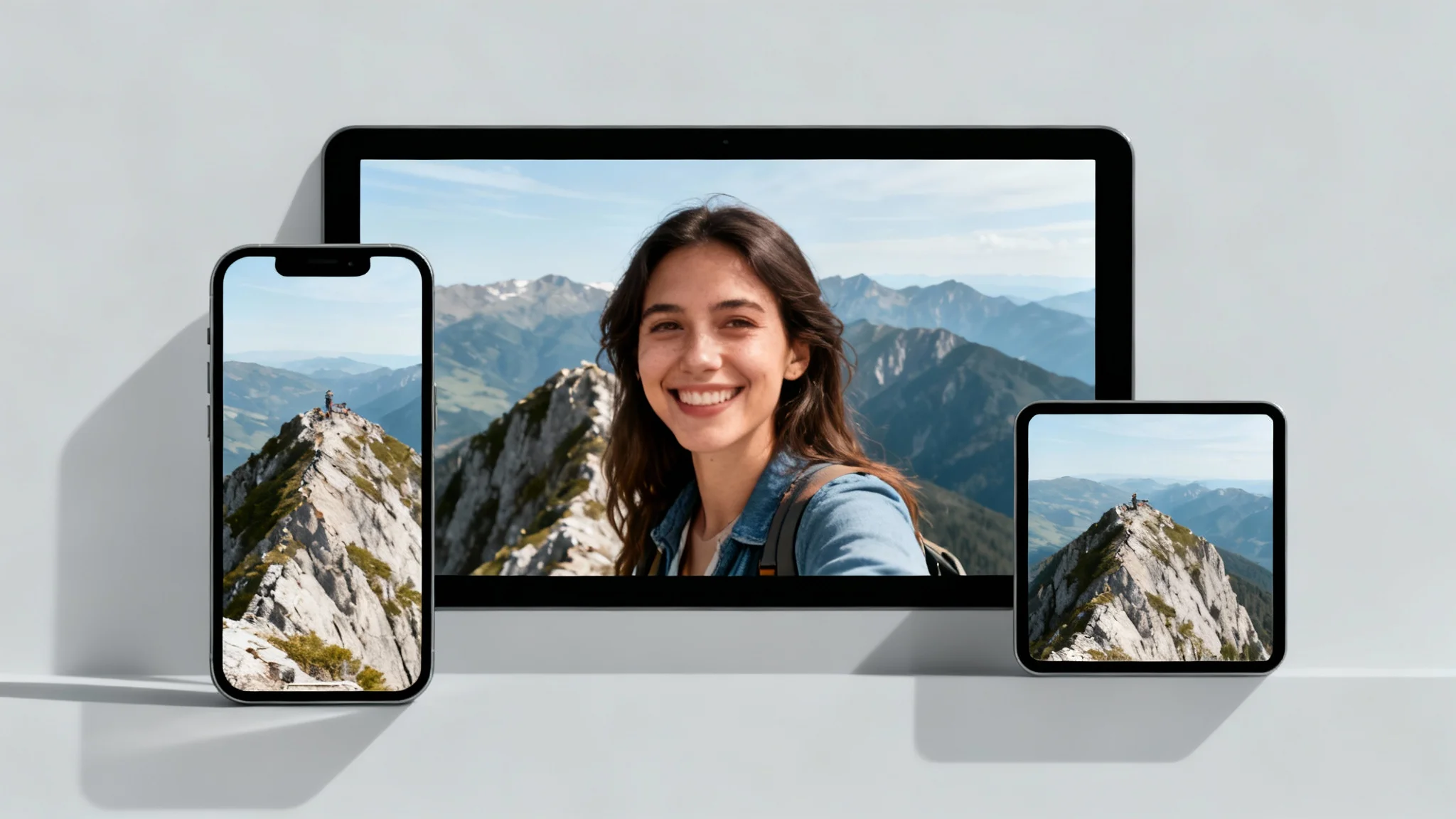A collage showing the same video of a woman on a mountain displayed in different video formats: widescreen, vertical, and square, representing a video resizer tool.