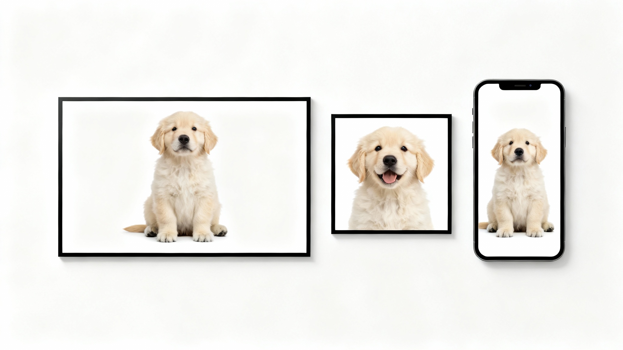A visual representation of video resizing, featuring three frames of a golden retriever puppy formatted in wide, square, and vertical aspect ratios against a white background.