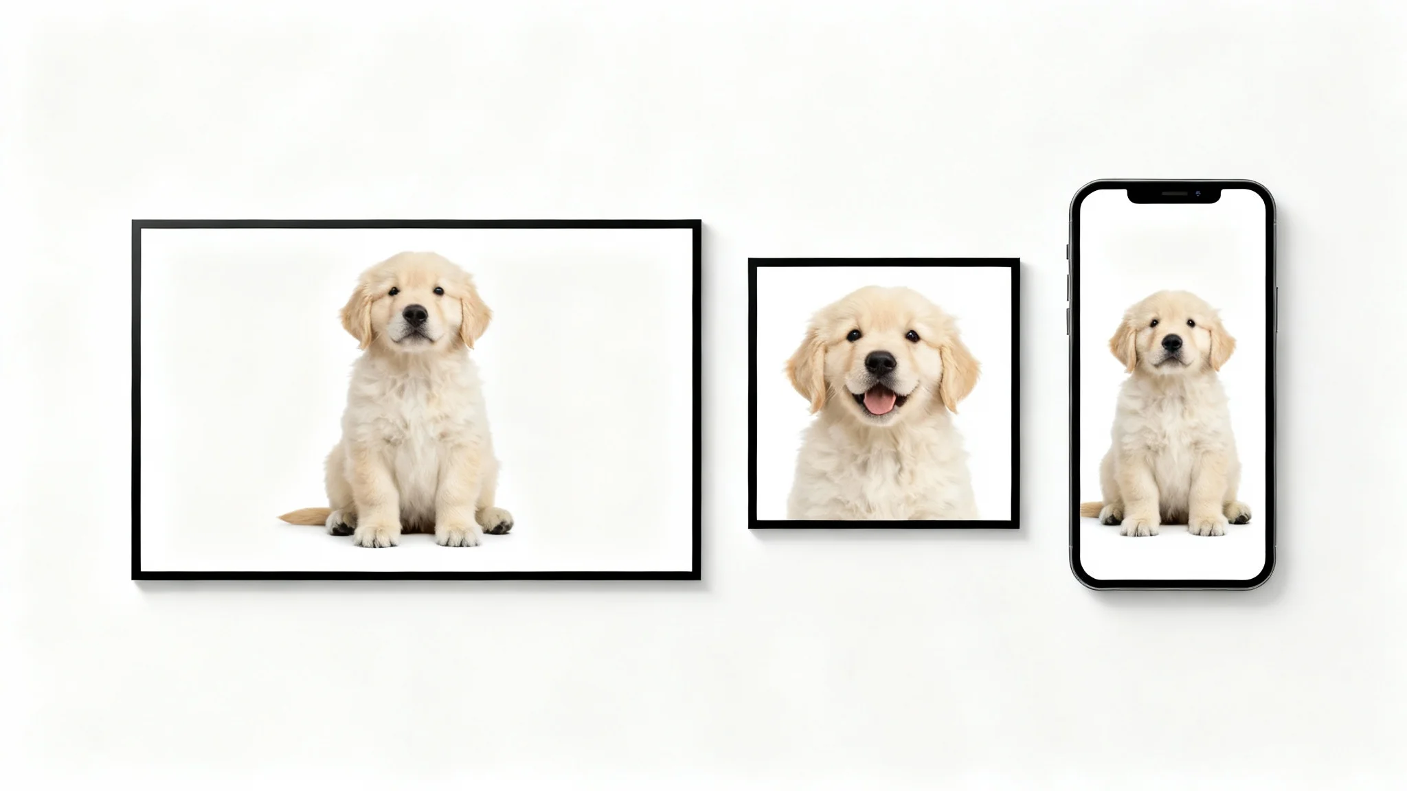 A visual representation of video resizing, featuring three frames of a golden retriever puppy formatted in wide, square, and vertical aspect ratios against a white background.