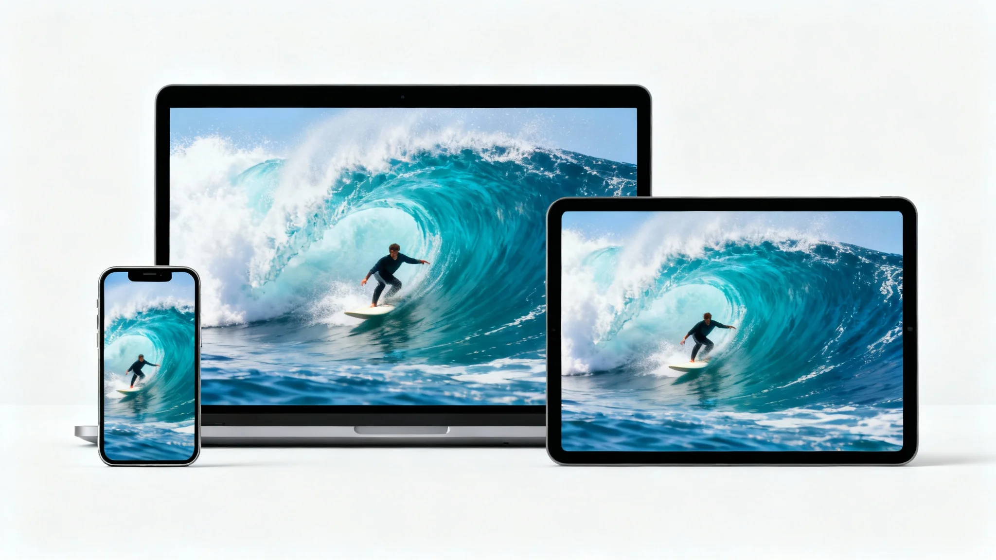 A laptop, smartphone, and tablet arranged side-by-side, each showing the same video of a surfer but resized to fit their different screen shapes, illustrating the concept of a video resizer.