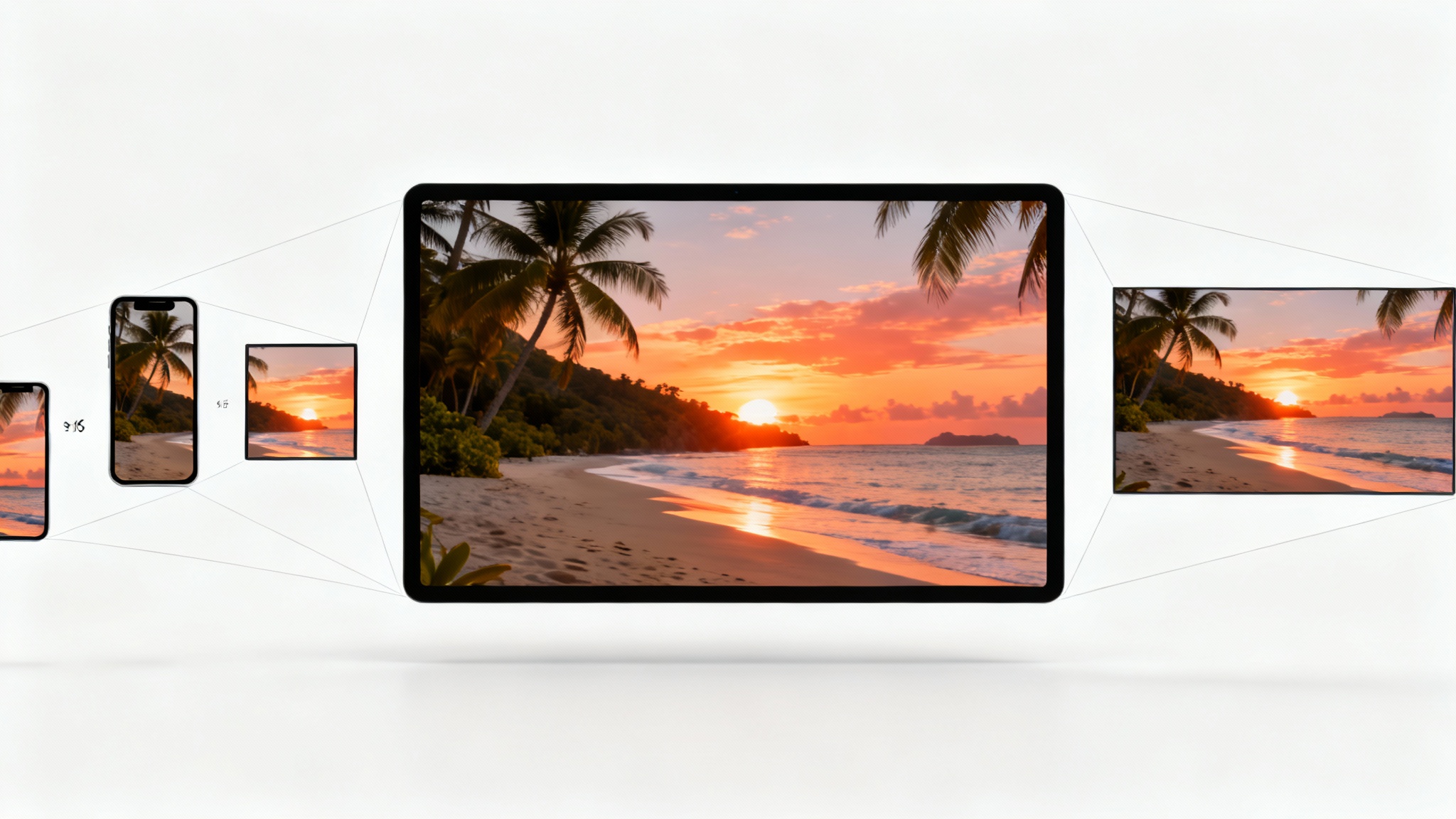 A conceptual image illustrating video resizing, showing multiple video frames of a tropical beach sunset, each frame a different size and aspect ratio, against a plain white background.