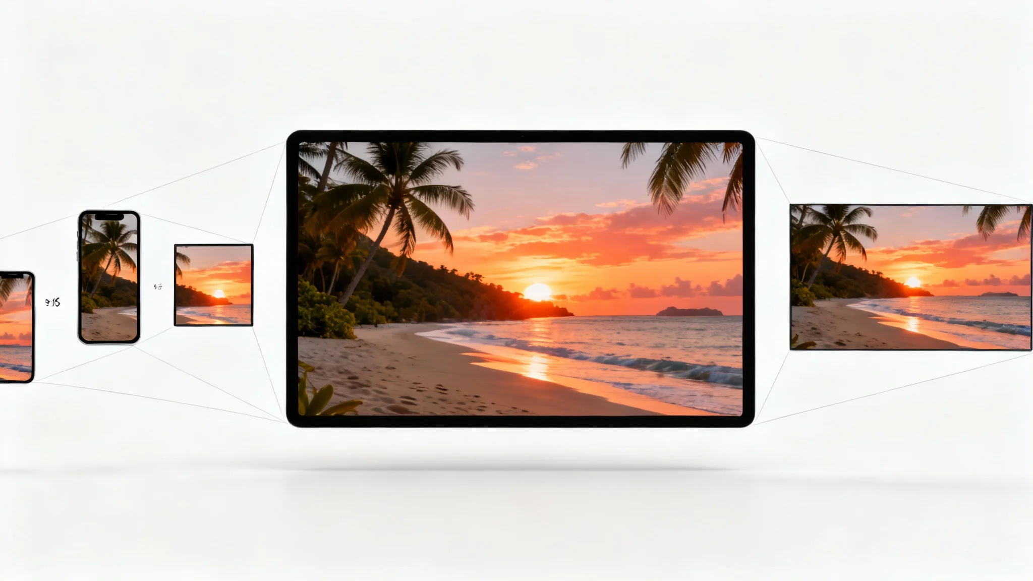 A conceptual image illustrating video resizing, showing multiple video frames of a tropical beach sunset, each frame a different size and aspect ratio, against a plain white background.