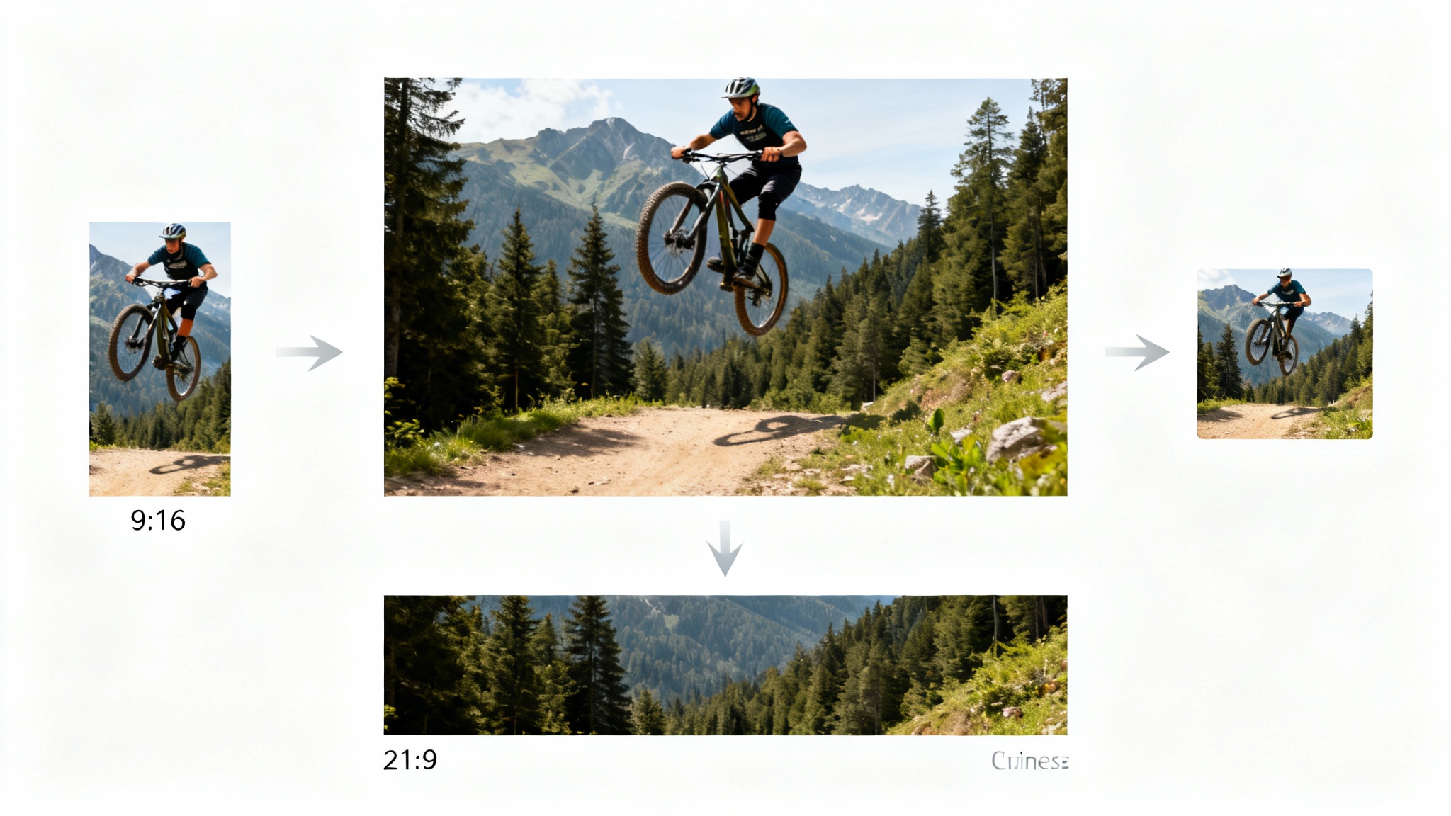 A conceptual image showing a central photo of a mountain biker, with three smaller versions around it cropped to different aspect ratios (vertical, square, and wide) to represent video resizing, all on a clean white background.
