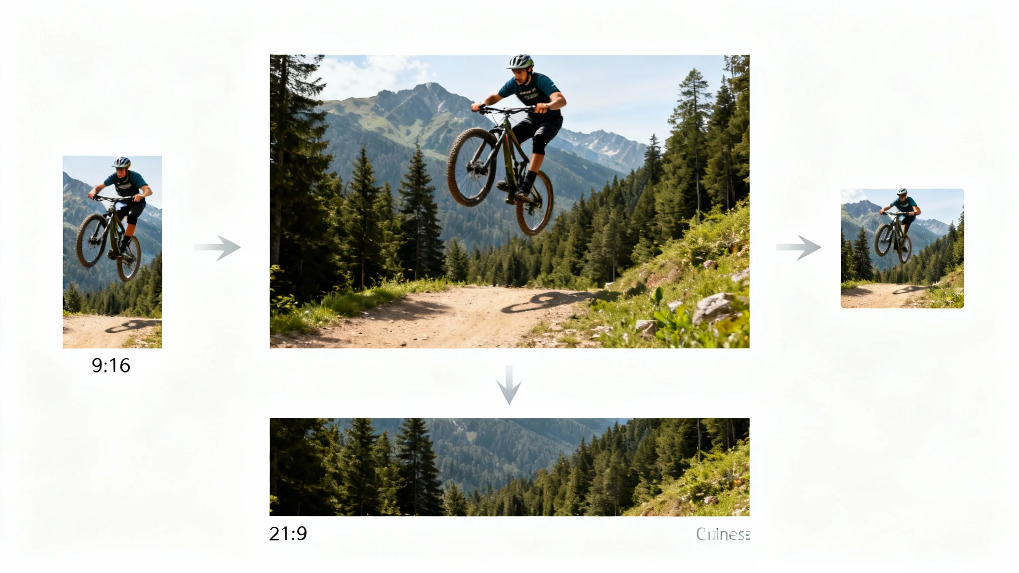 A conceptual image showing a central photo of a mountain biker, with three smaller versions around it cropped to different aspect ratios (vertical, square, and wide) to represent video resizing, all on a clean white background.