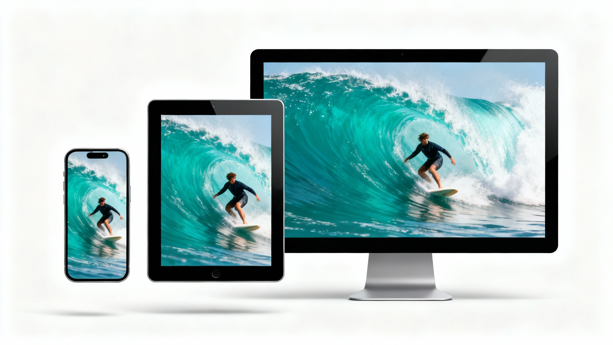 A smartphone, tablet, and computer monitor arranged side-by-side, each showing the same video of a surfer but resized to fit their different screen dimensions, illustrating the concept of a video resizer.