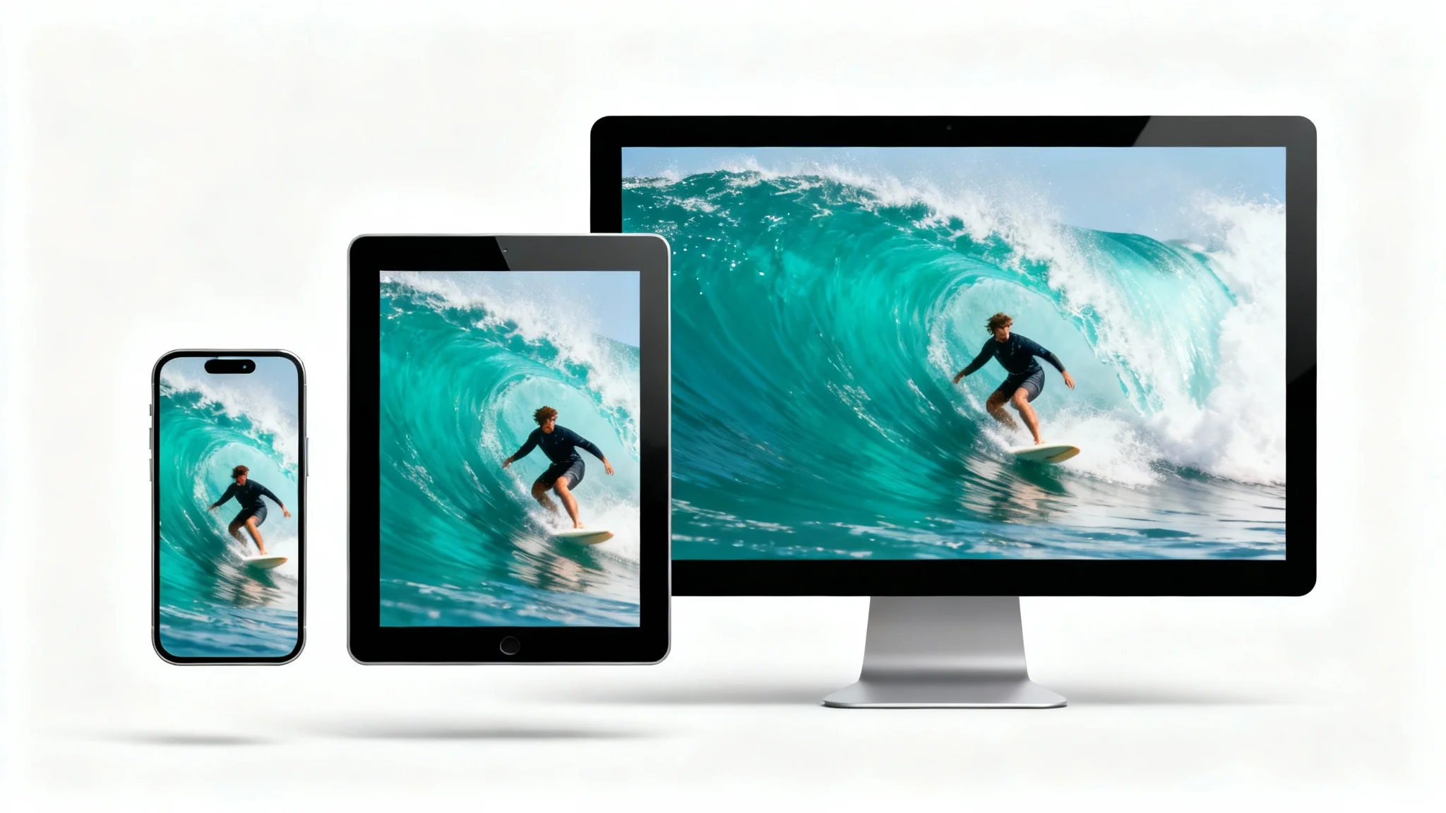 A smartphone, tablet, and computer monitor arranged side-by-side, each showing the same video of a surfer but resized to fit their different screen dimensions, illustrating the concept of a video resizer.
