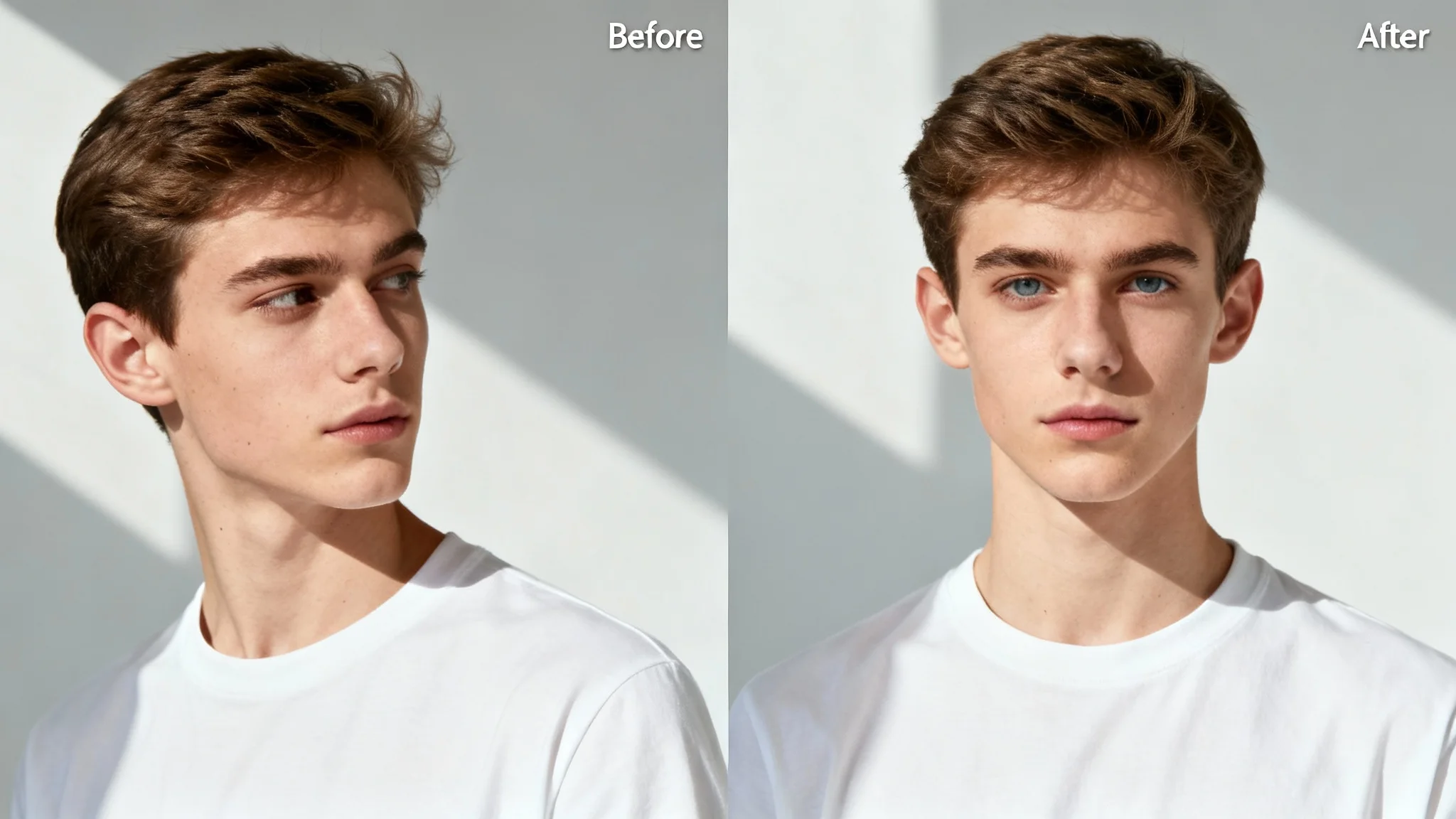 A before-and-after comparison image showing a photo editing tool that rotates a person's head. On the left, a man looks away from the camera; on the right, his head is perfectly rotated to face the camera.