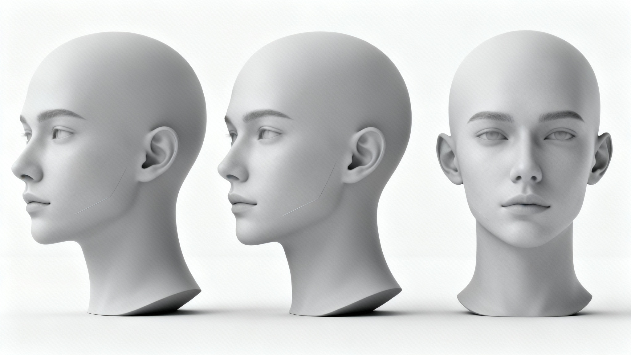 A sequence of three stylized gray 3D heads on a white background, demonstrating the rotation of a head from profile view to a three-quarter view, to a frontal view.