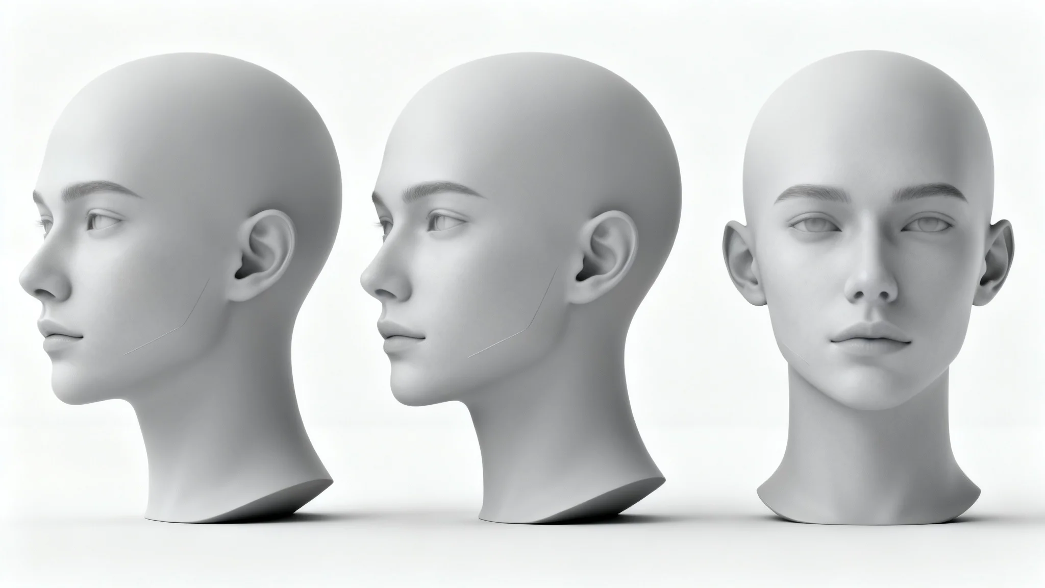 A sequence of three stylized gray 3D heads on a white background, demonstrating the rotation of a head from profile view to a three-quarter view, to a frontal view.