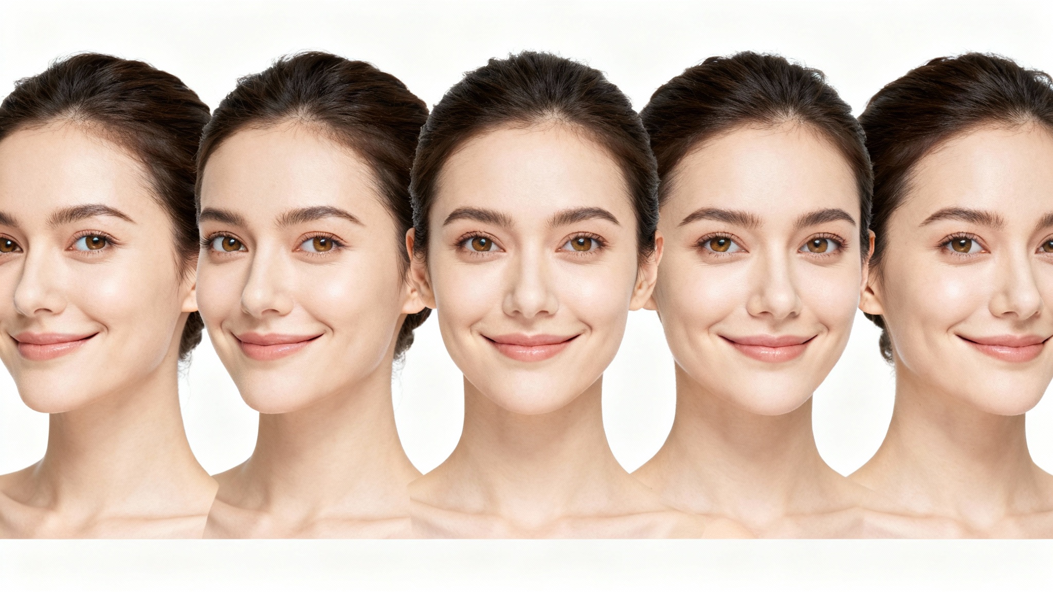 A sequence of five photorealistic images of a woman's head, showing it rotating smoothly from a side profile to a front-facing view against a white background.