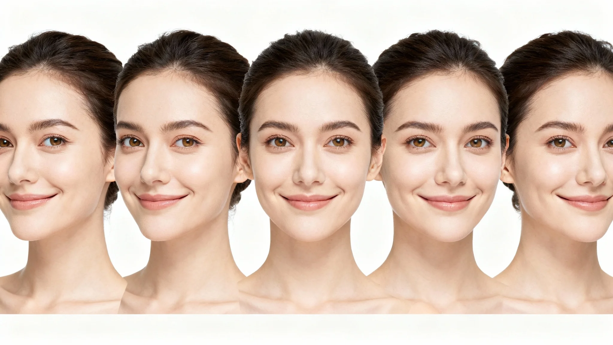 A sequence of five photorealistic images of a woman's head, showing it rotating smoothly from a side profile to a front-facing view against a white background.