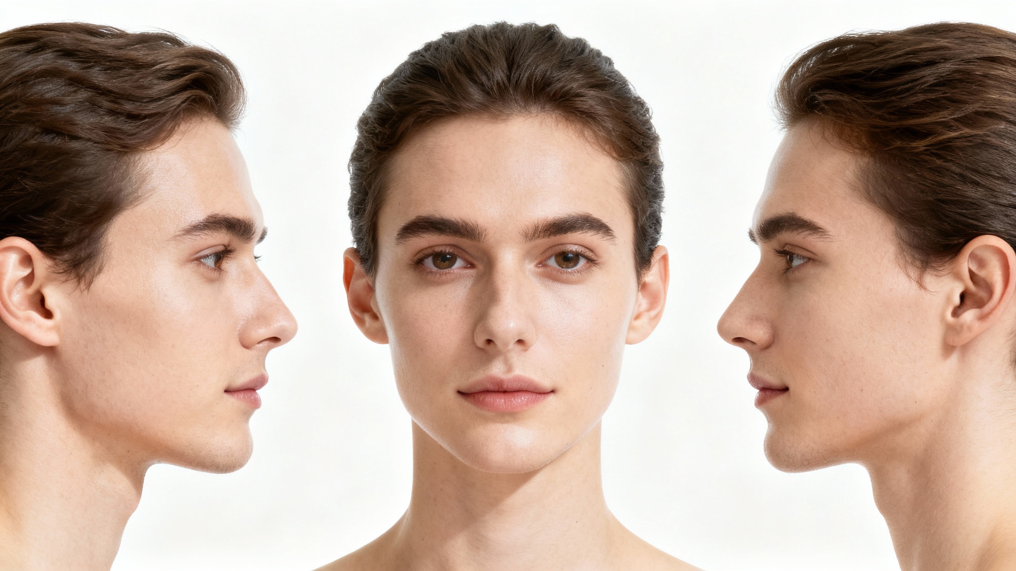 A sequence of three images demonstrating a head rotating, showing a side profile, a front view, and the opposite side profile on a white background.