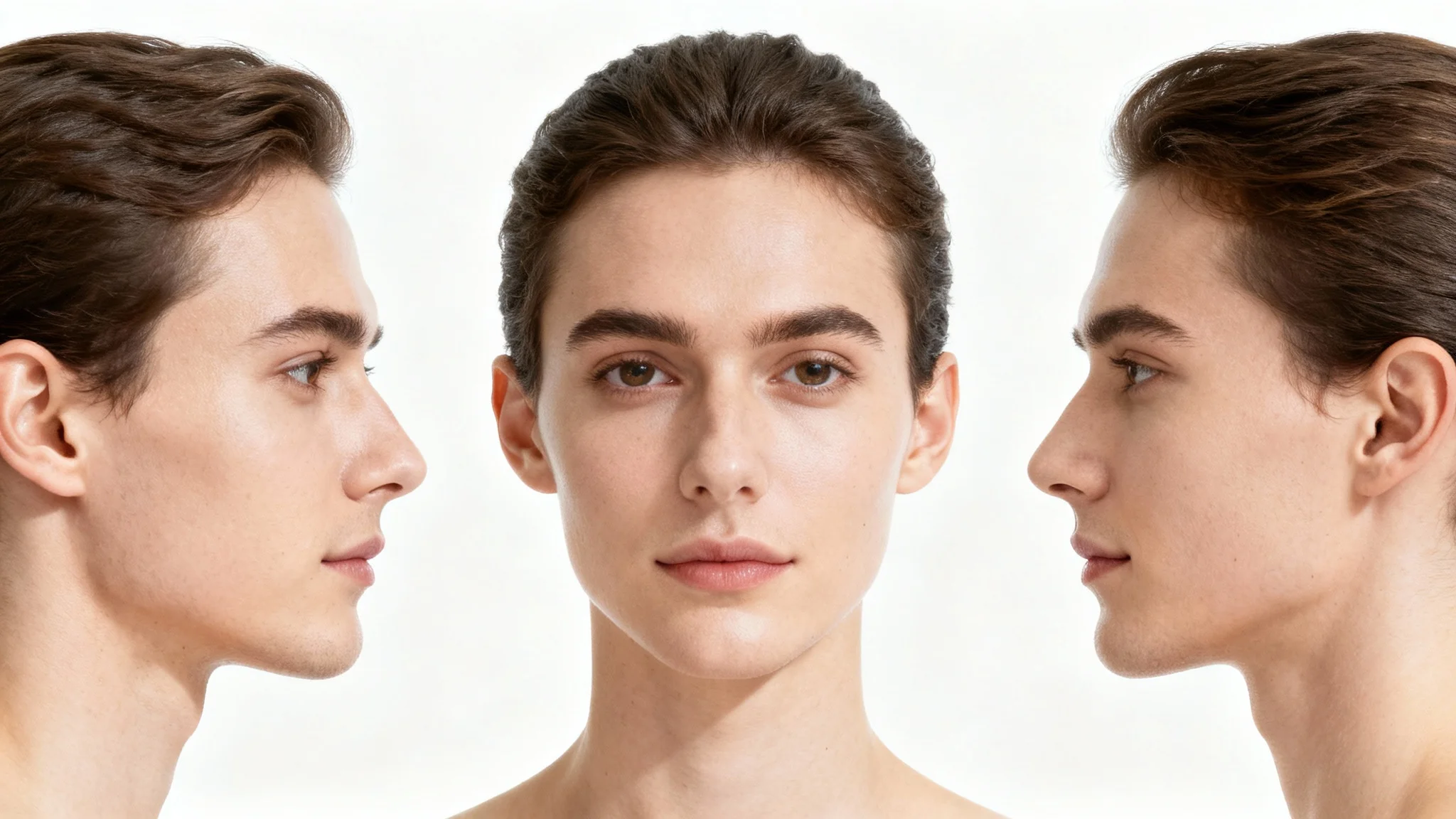 A sequence of three images demonstrating a head rotating, showing a side profile, a front view, and the opposite side profile on a white background.