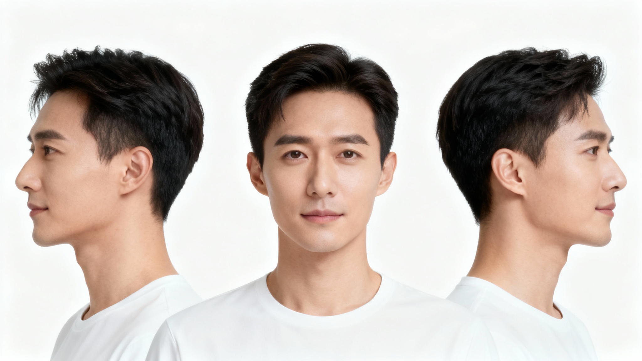 A sequence of three photos showing a person's head rotating from a left-facing view, to a front-facing view, to a right-facing view, on a white background.