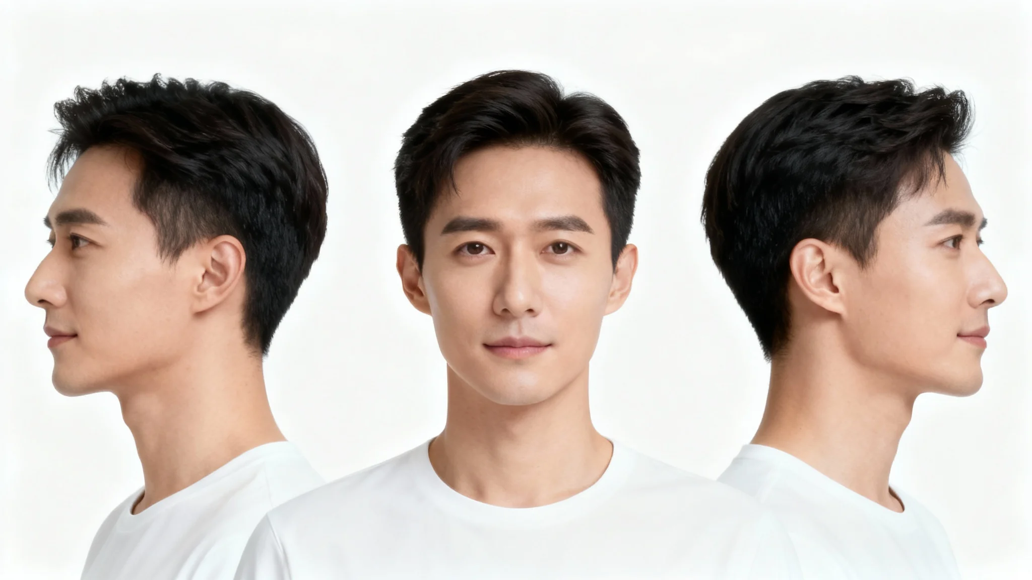 A sequence of three photos showing a person's head rotating from a left-facing view, to a front-facing view, to a right-facing view, on a white background.