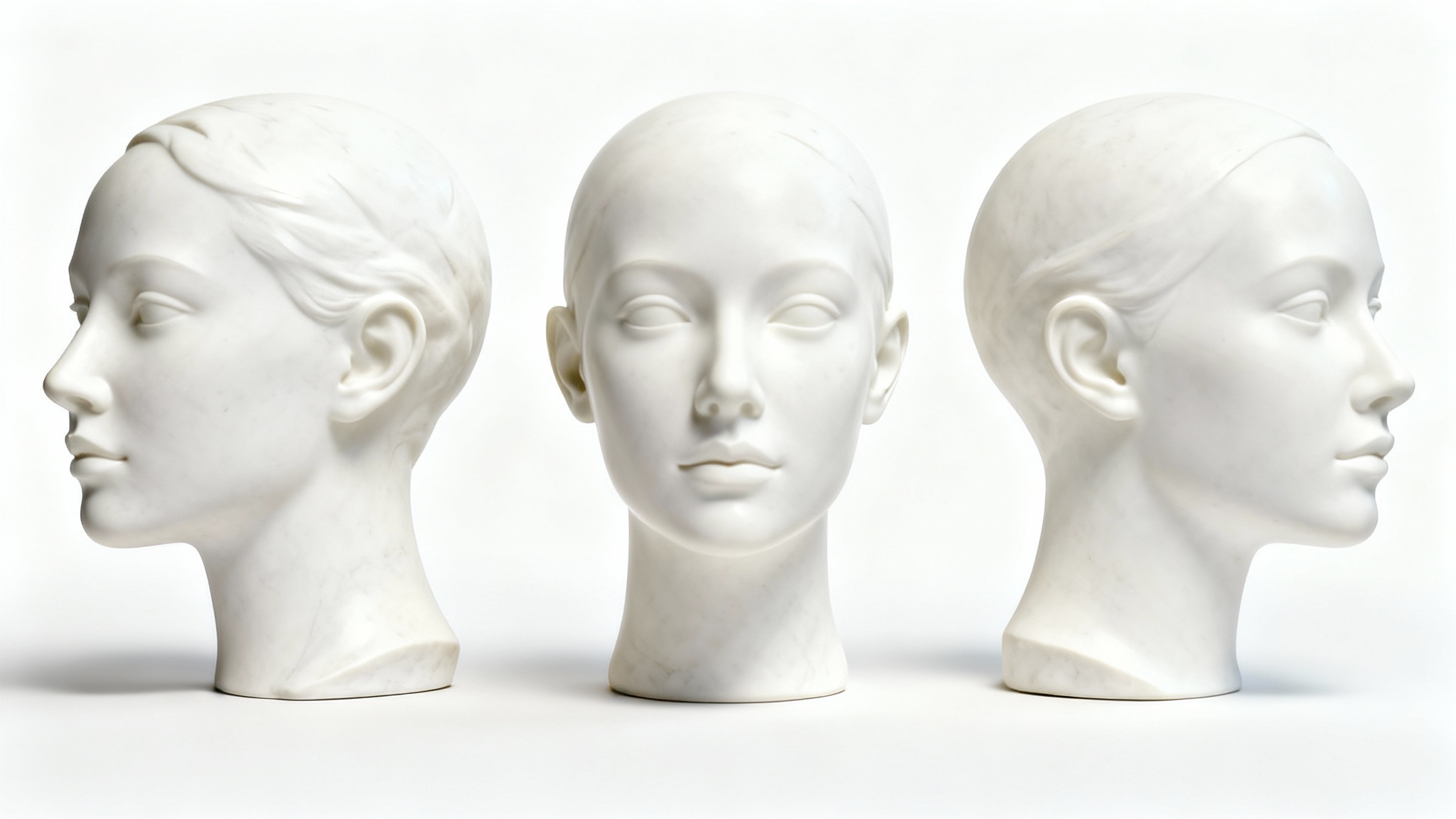A sequence of three identical white mannequin heads on a white background, showing a rotation from a side profile to a front-facing view to a three-quarter view.