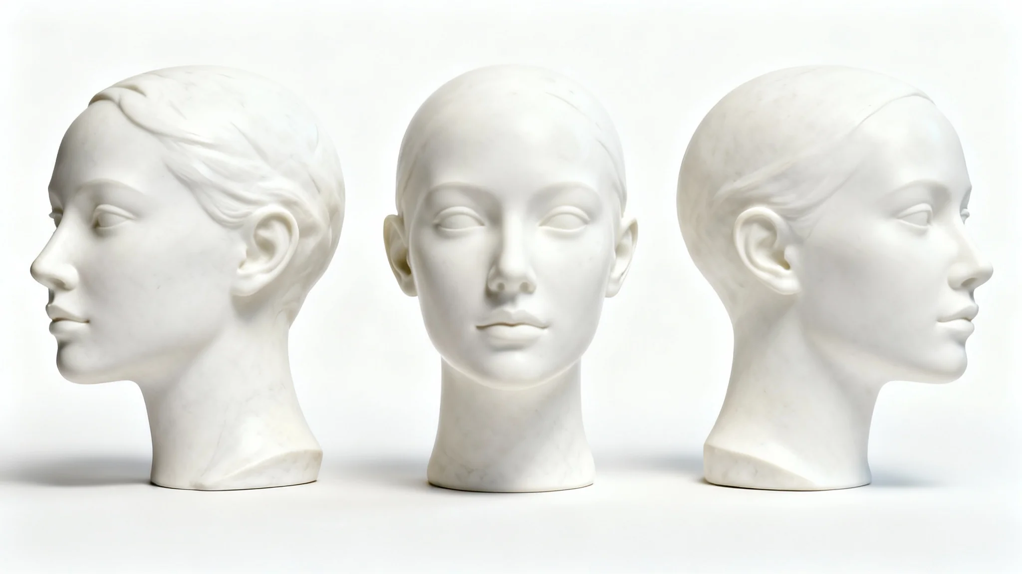 A sequence of three identical white mannequin heads on a white background, showing a rotation from a side profile to a front-facing view to a three-quarter view.