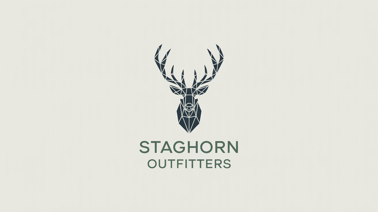 A modern, geometric logo of a deer stag in charcoal gray and forest green, with the words 'Staghorn Outfitters' underneath, on a clean white background.