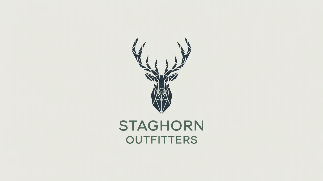 A modern, geometric logo of a deer stag in charcoal gray and forest green, with the words 'Staghorn Outfitters' underneath, on a clean white background.