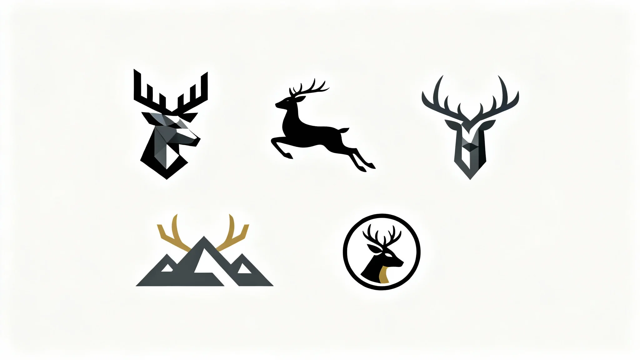 A collection of four modern, minimalist deer logo designs in charcoal, black, and gold, presented as mockups on a clean white background.