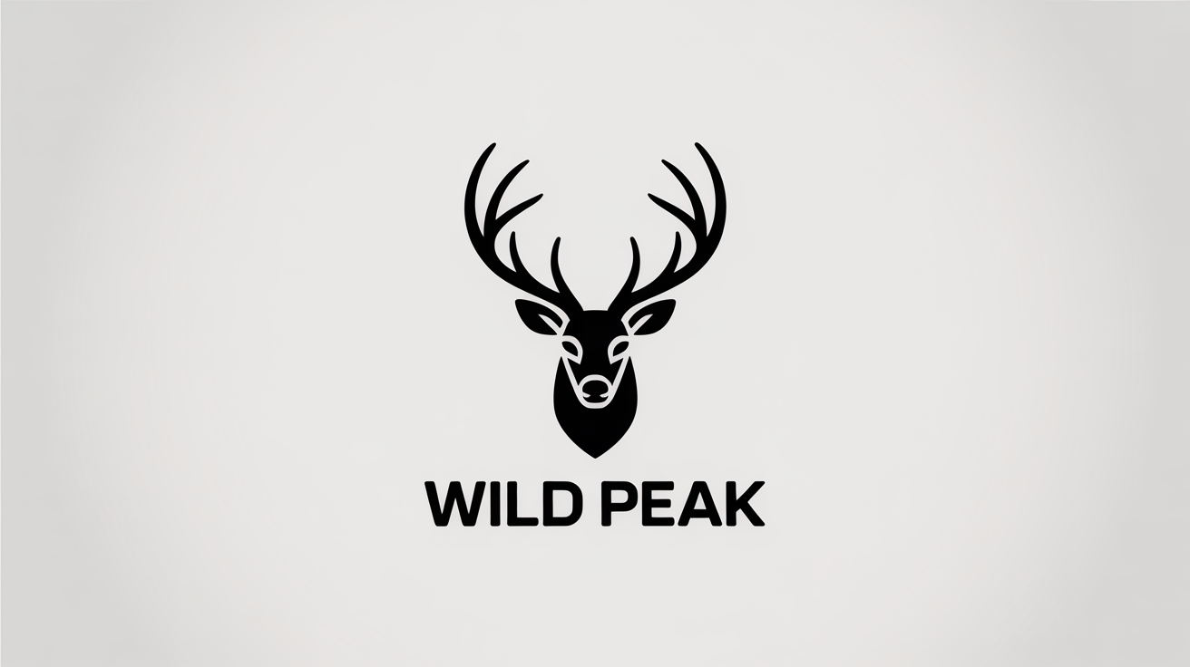 A modern, minimalist black and white logo of a geometric deer head with the words 'WILD PEAK' underneath, presented as a professional mockup on a white background.